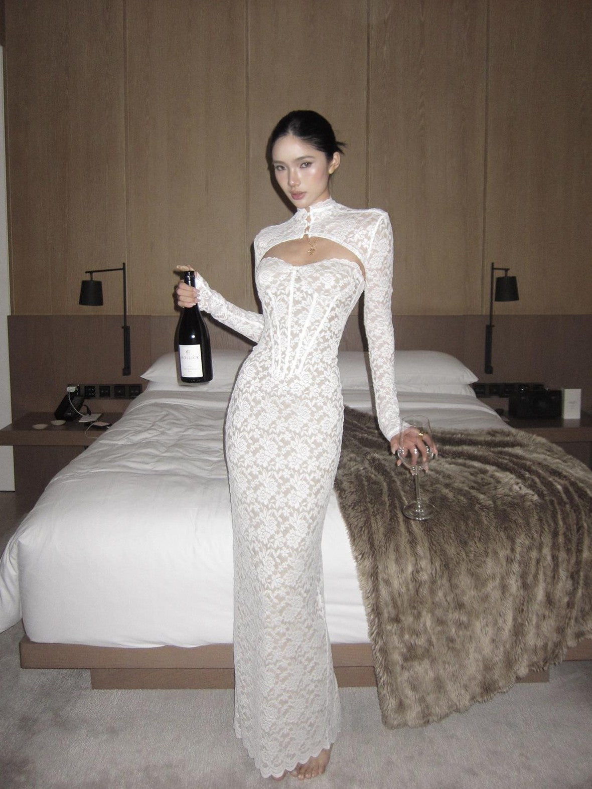 rovente Elegant Lace Corset Strapless Mermaid Hem Women's Polyester Bodycon Maxi Dresses