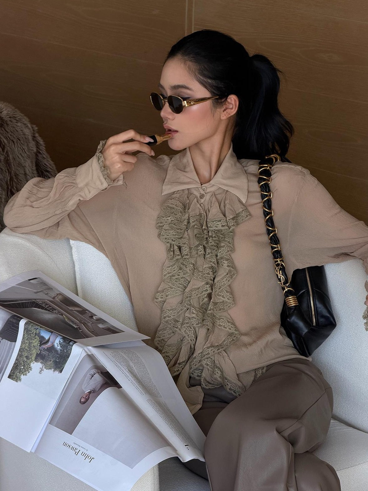 rovente Elegant Ruffle Lapel Collar Long Sleeve Viscose Women's Cropped Shirts