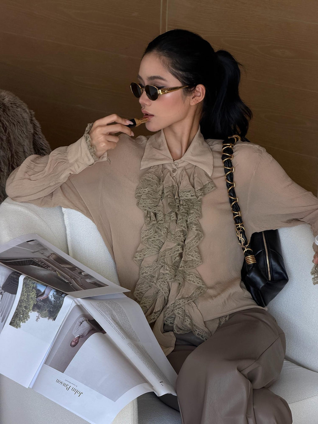 rovente Elegant Ruffle Lapel Collar Long Sleeve Viscose Women's Cropped Shirts