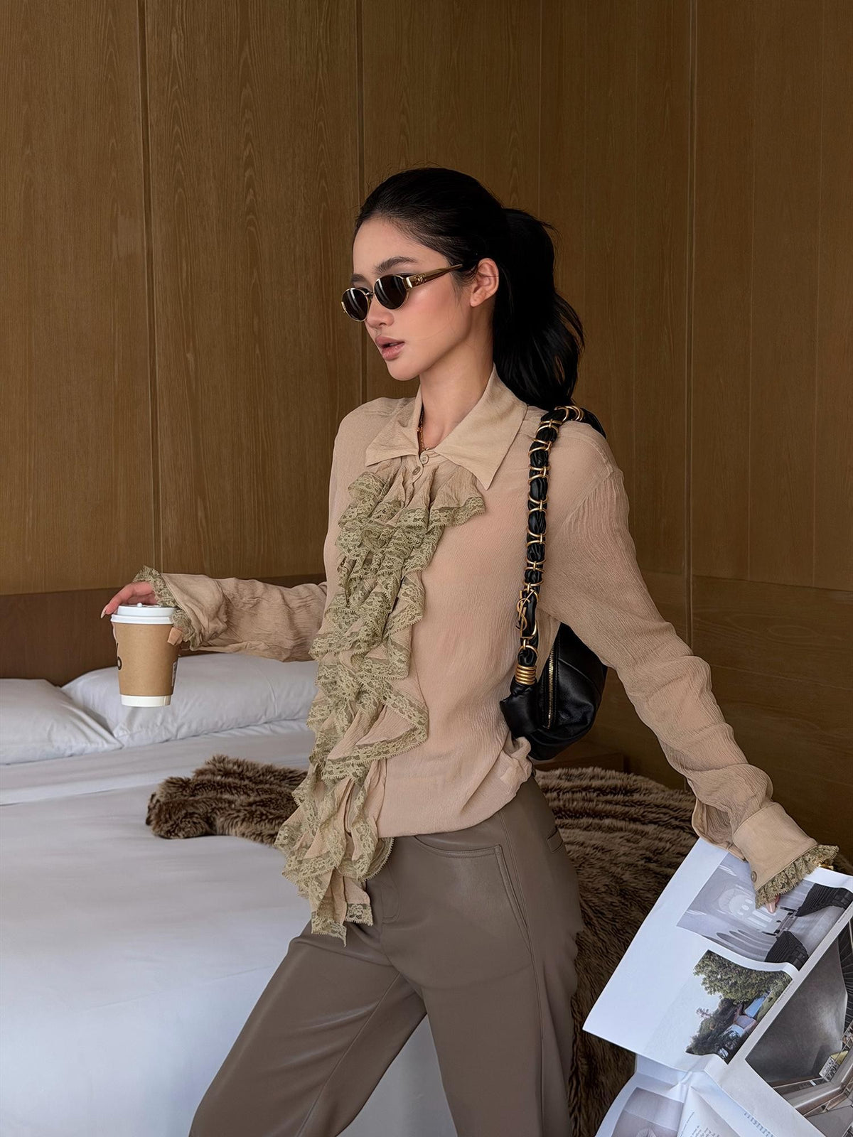rovente Elegant Ruffle Lapel Collar Long Sleeve Viscose Women's Cropped Shirts