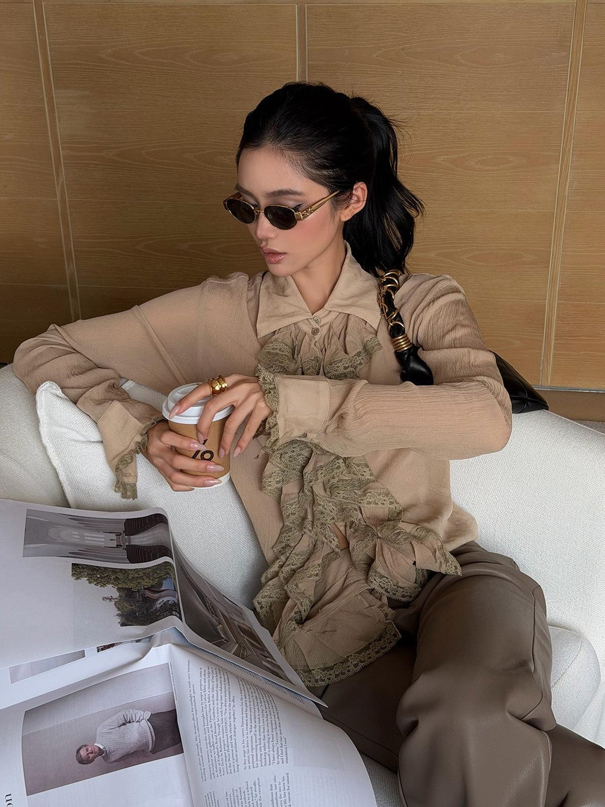 rovente Elegant Ruffle Lapel Collar Long Sleeve Viscose Women's Cropped Shirts