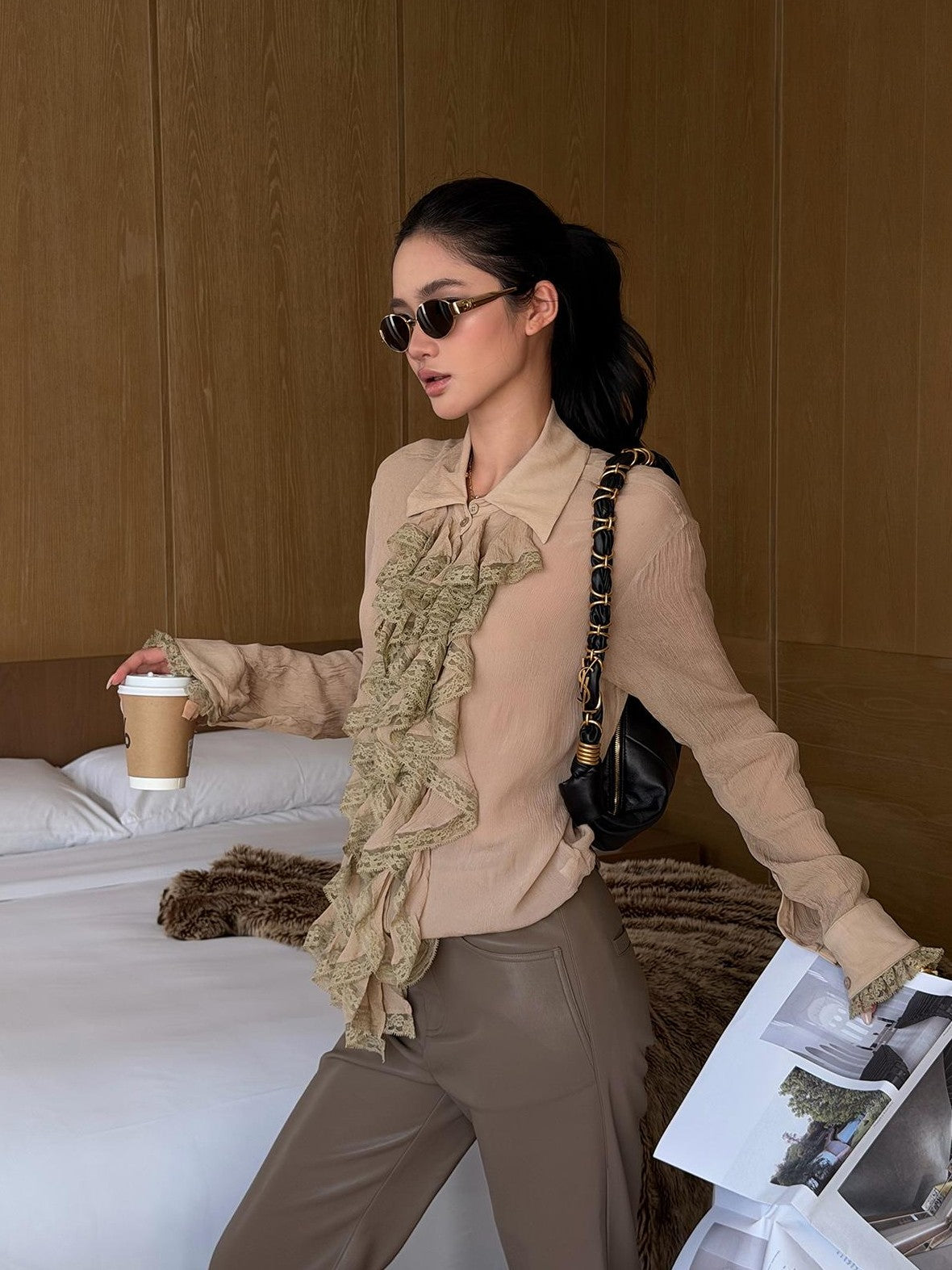 rovente Elegant Ruffle Lapel Collar Long Sleeve Viscose Women's Cropped Shirts