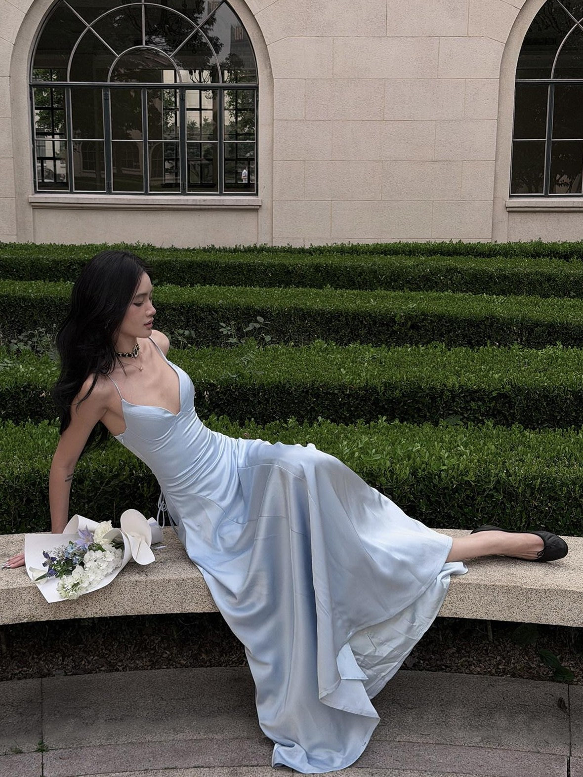 rovente Estate Blue French Spaghetti Strap Slim Waist Women's Slip Maxi Dresses