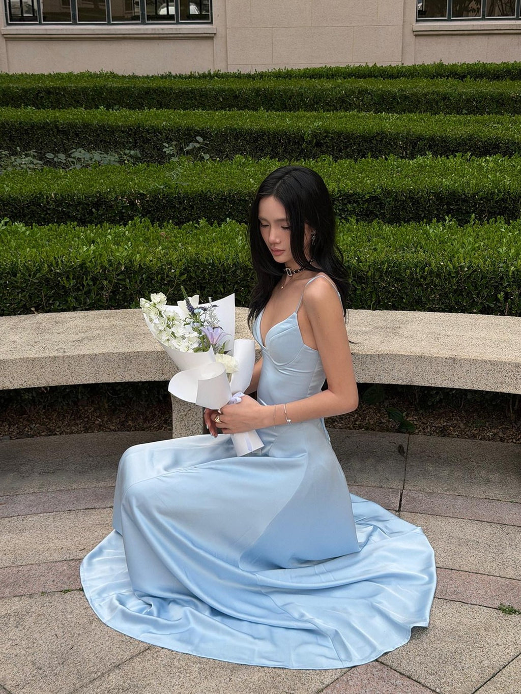 rovente Estate Blue French Spaghetti Strap Slim Waist Women's Slip Maxi Dresses