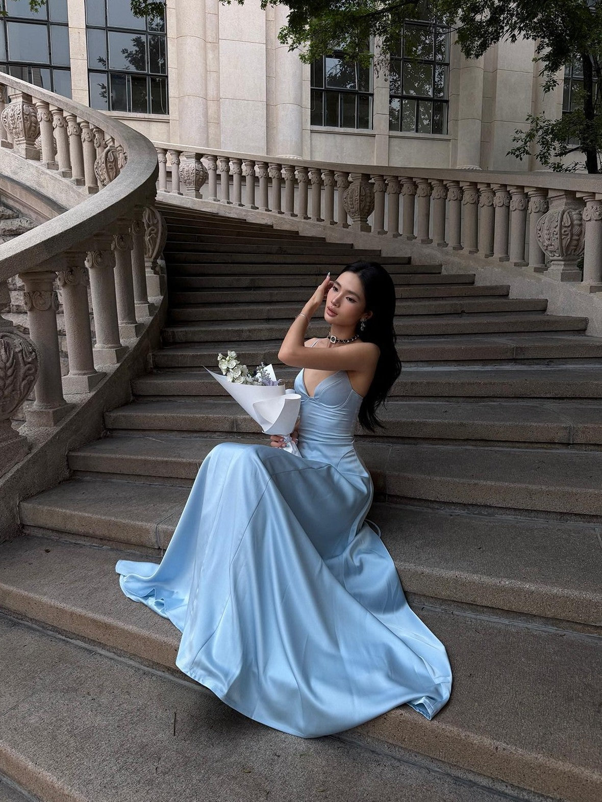 rovente Estate Blue French Spaghetti Strap Slim Waist Women's Slip Maxi Dresses