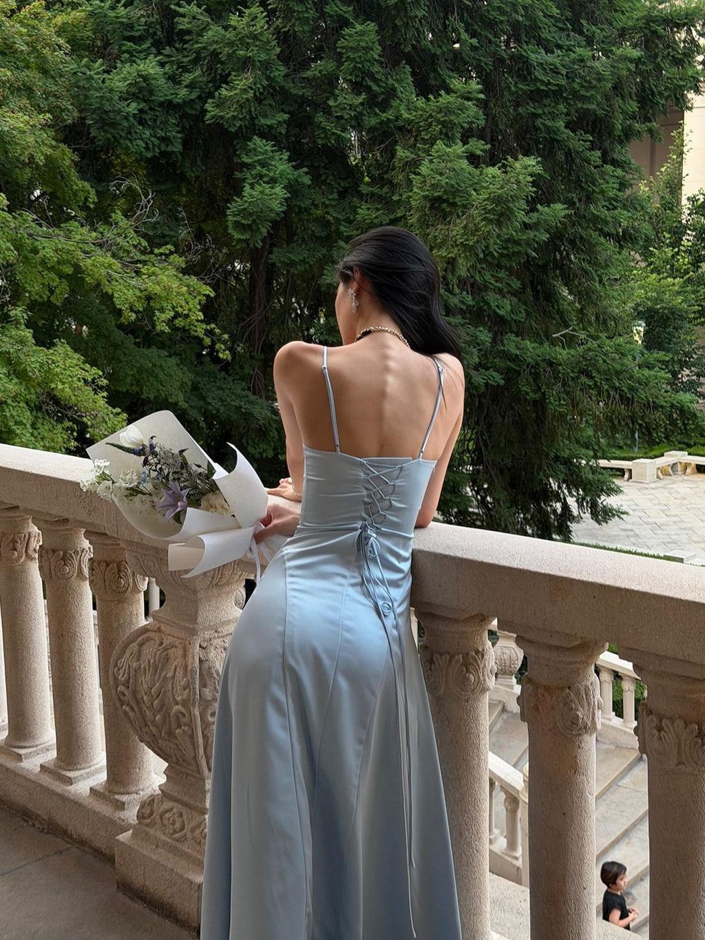 rovente Estate Blue French Spaghetti Strap Slim Waist Women's Slip Maxi Dresses