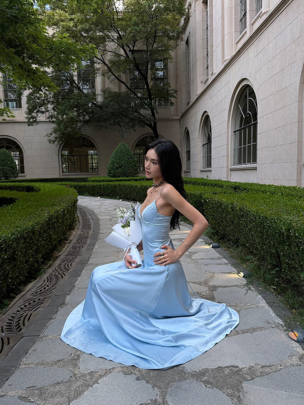 rovente Estate Blue French Spaghetti Strap Slim Waist Women's Slip Maxi Dresses