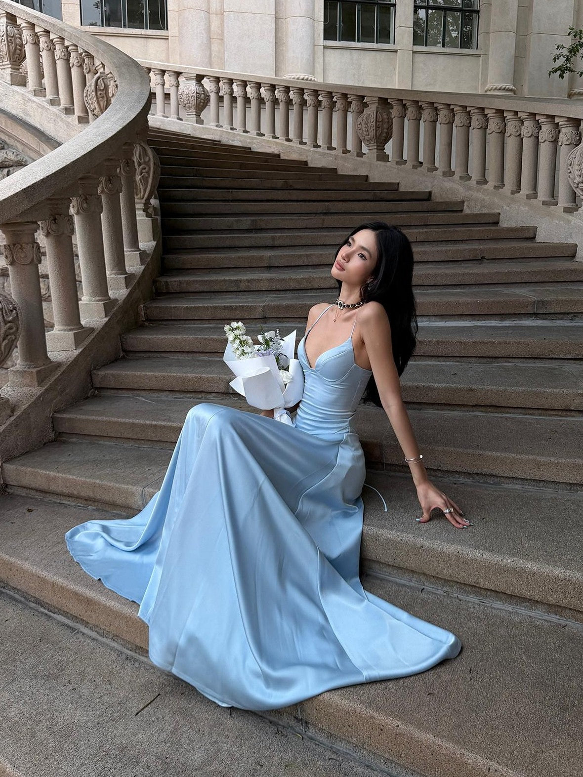 rovente Estate Blue French Spaghetti Strap Slim Waist Women's Slip Maxi Dresses