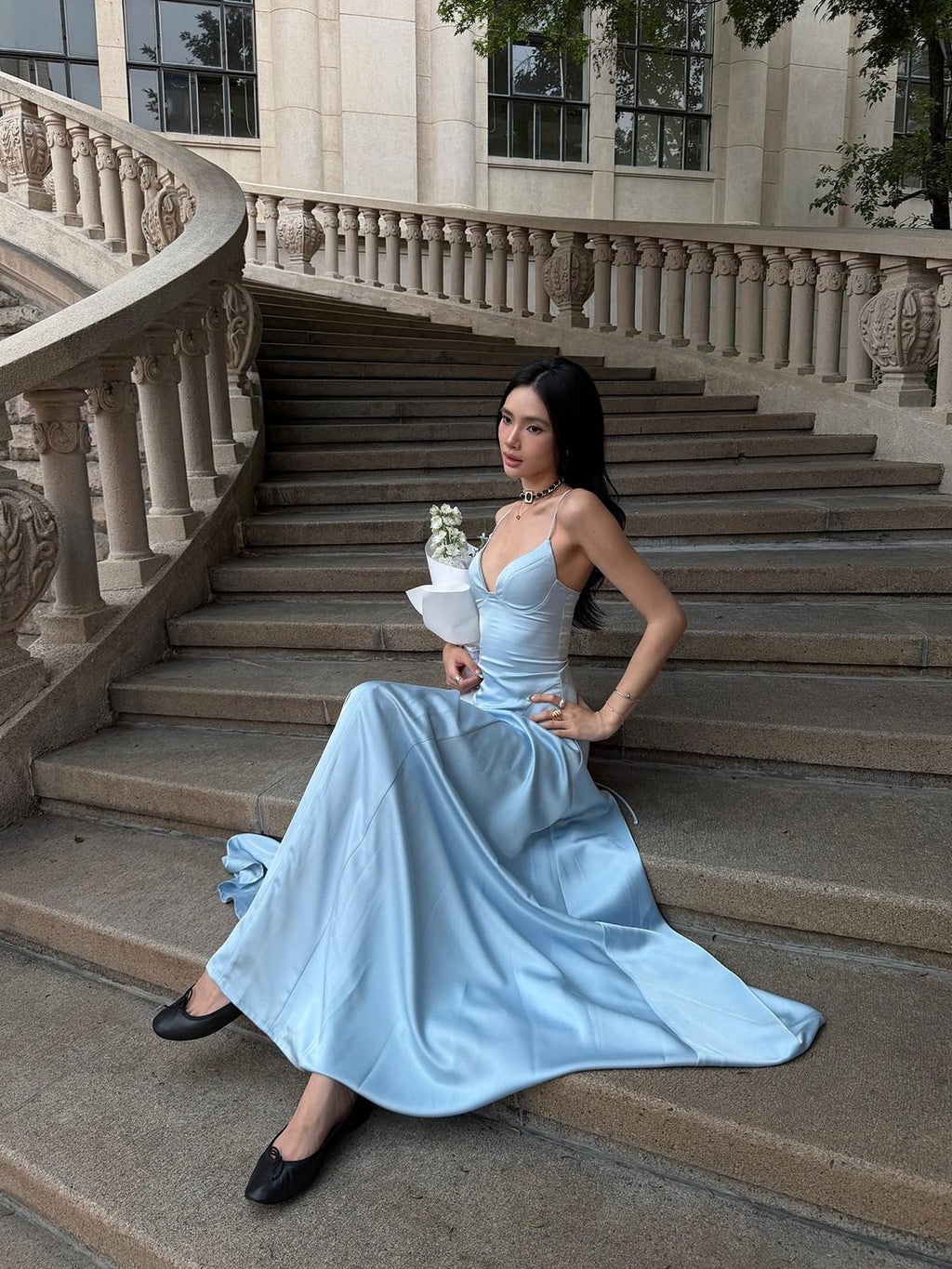 rovente Estate Blue French Spaghetti Strap Slim Waist Women's Slip Maxi Dresses