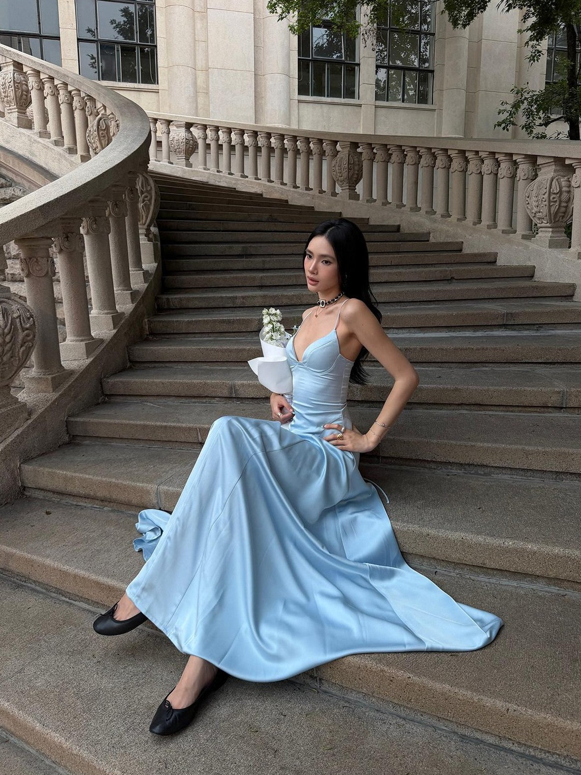 rovente Estate Blue French Spaghetti Strap Slim Waist Women's Slip Maxi Dresses