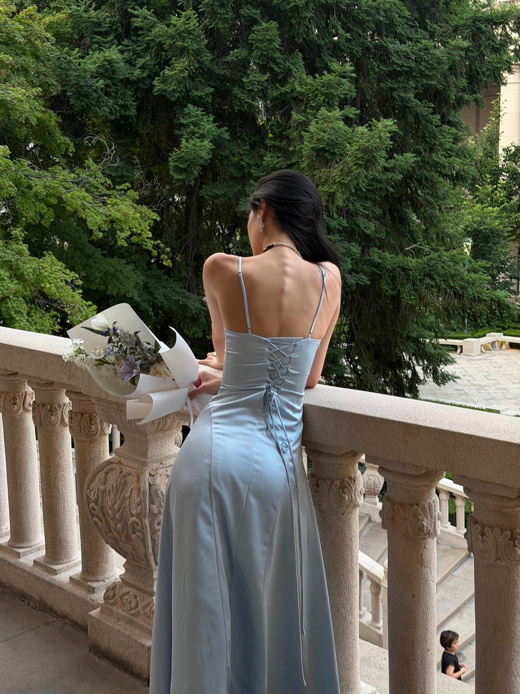 rovente Estate Blue French Spaghetti Strap Slim Waist Women's Slip Maxi Dresses