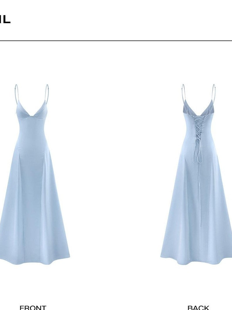 rovente Estate Blue French Spaghetti Strap Slim Waist Women's Slip Maxi Dresses