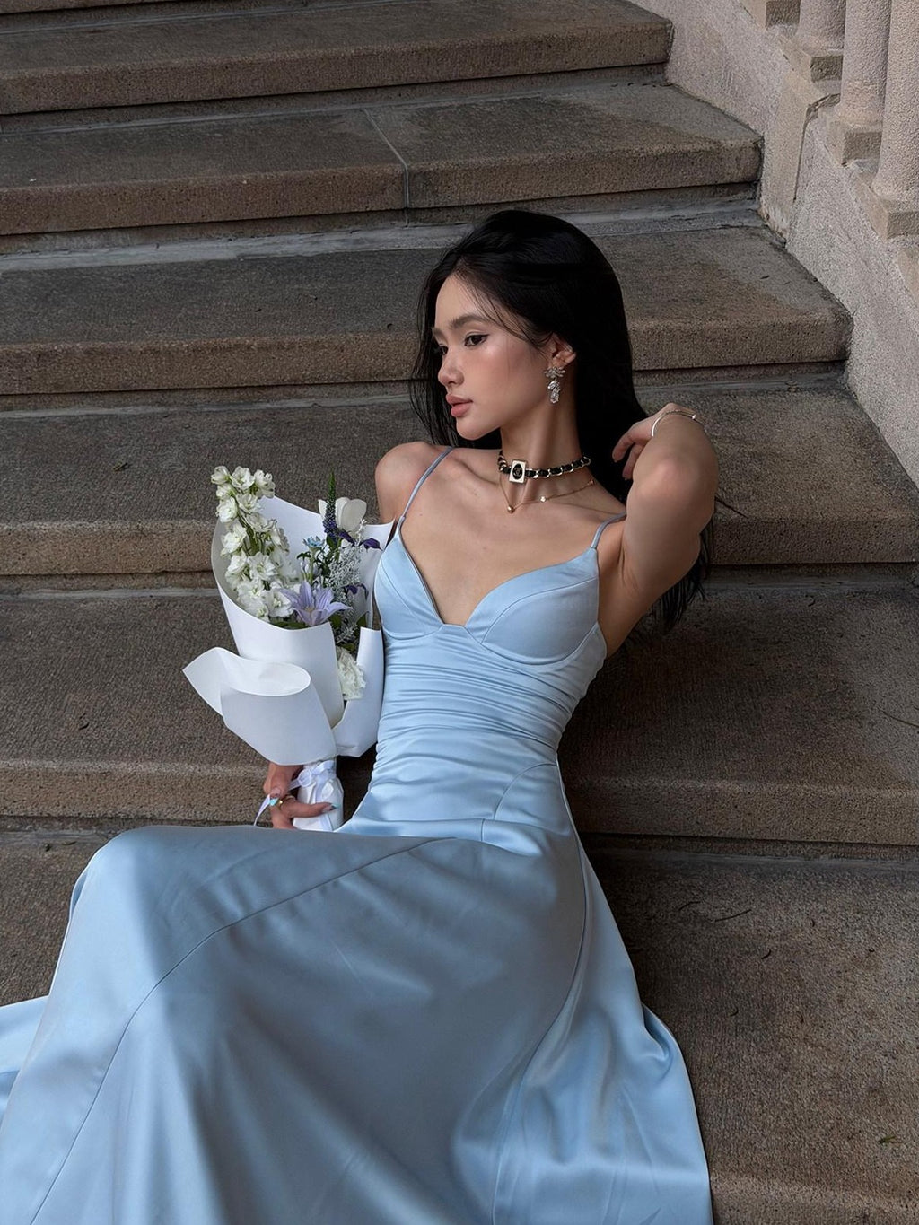 rovente Estate Blue French Spaghetti Strap Slim Waist Women's Slip Maxi Dresses