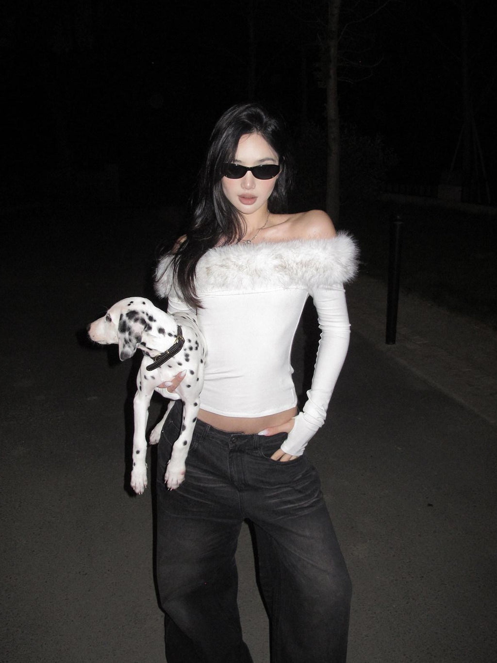 rovente Fur Trim One Shoulder Long Sleeve Knit White Women's Off-shoulder Sweaters