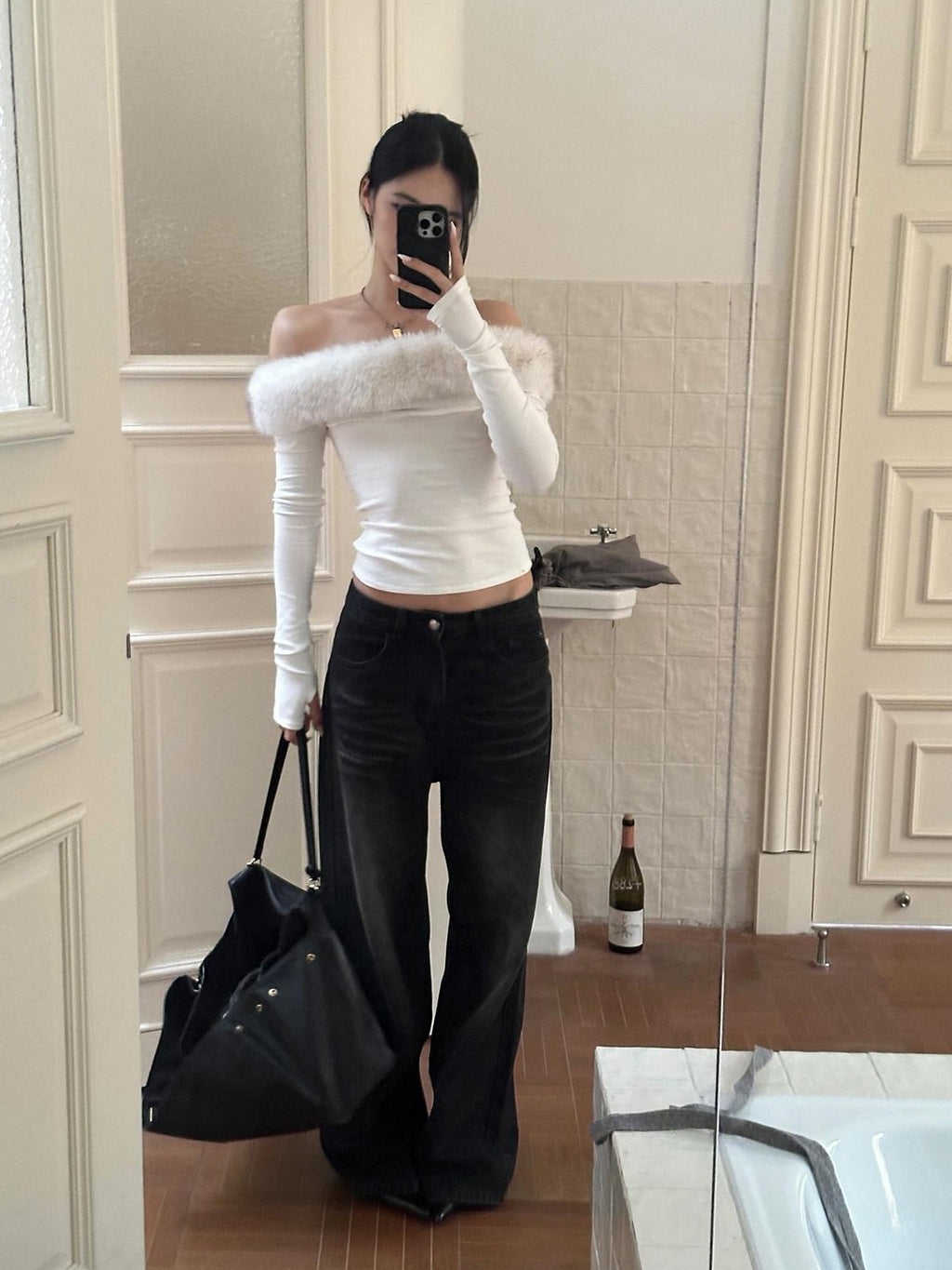 rovente Fur Trim One Shoulder Long Sleeve Knit White Women's Off-shoulder Sweaters