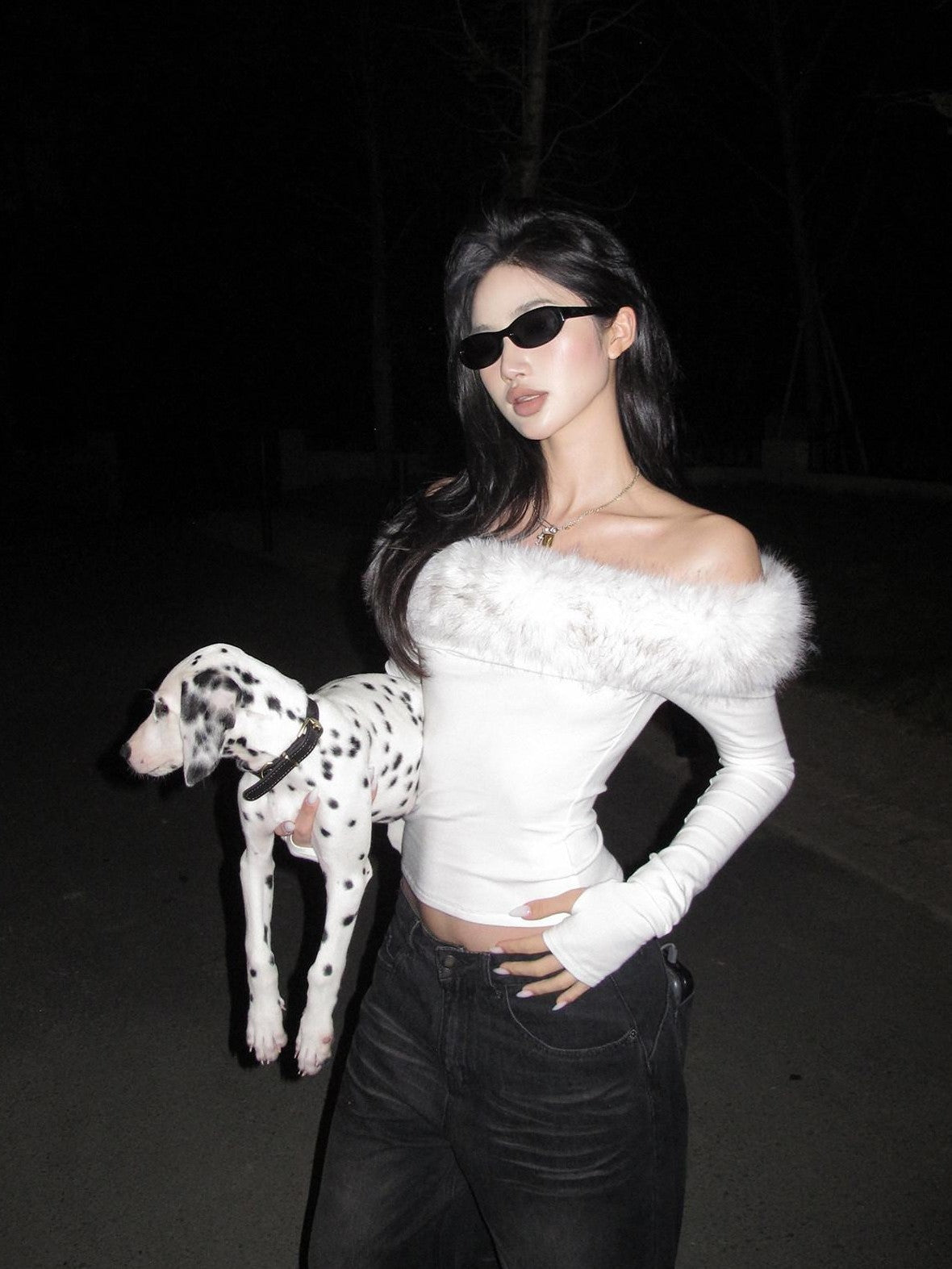 rovente Fur Trim One Shoulder Long Sleeve Knit White Women's Off-shoulder Sweaters
