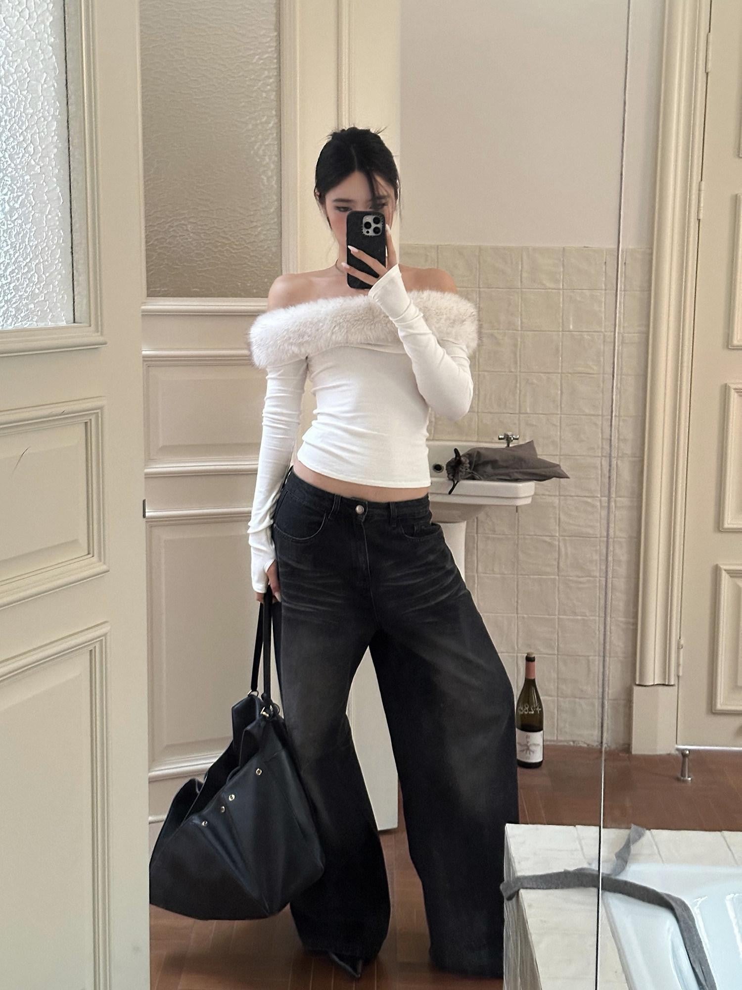 rovente Fur Trim One Shoulder Long Sleeve Knit White Women's Off-shoulder Sweaters