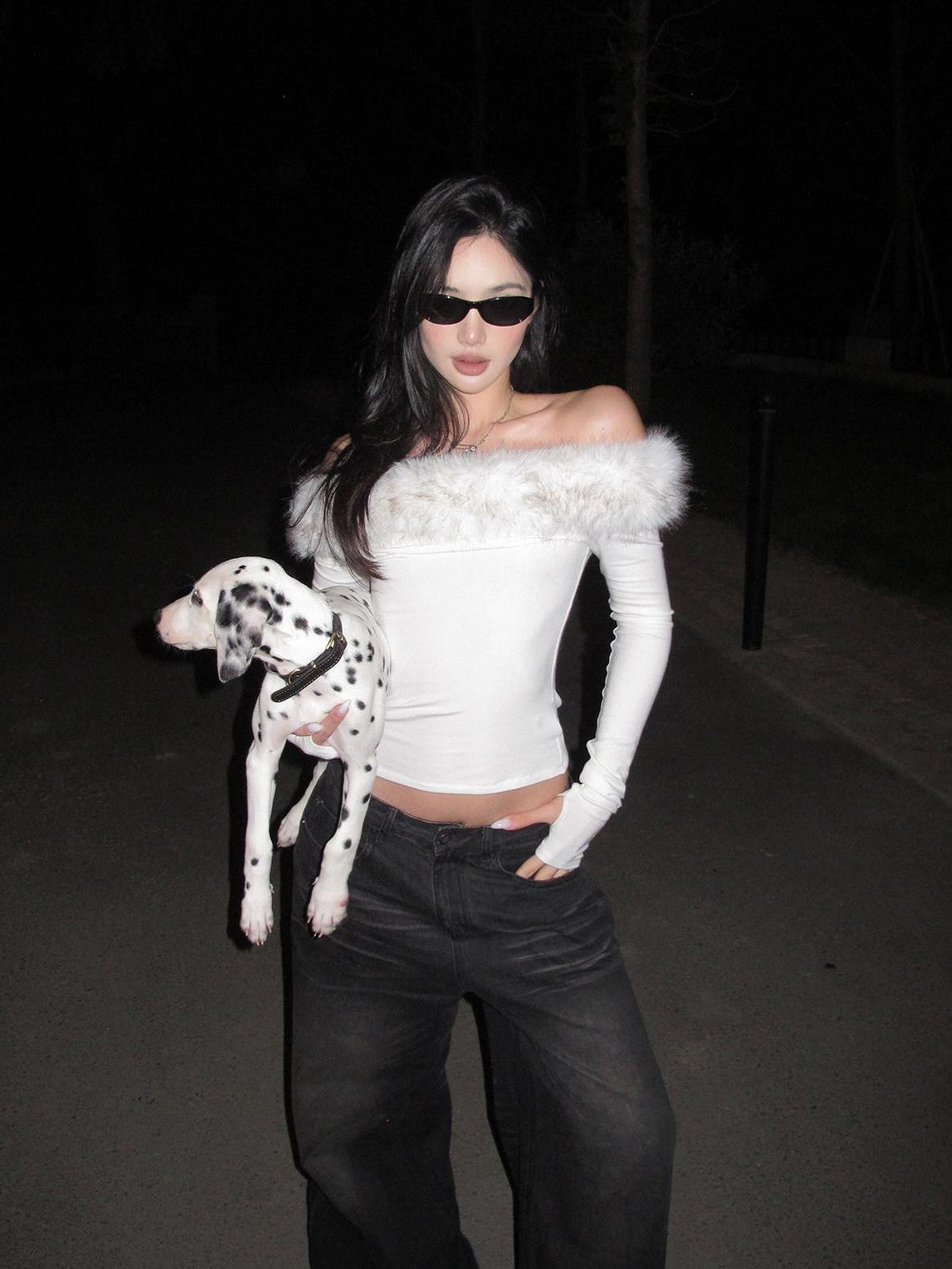 rovente Fur Trim One Shoulder Long Sleeve Knit White Women's Off-shoulder Sweaters