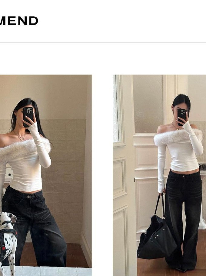 rovente Fur Trim One Shoulder Long Sleeve Knit White Women's Off-shoulder Sweaters