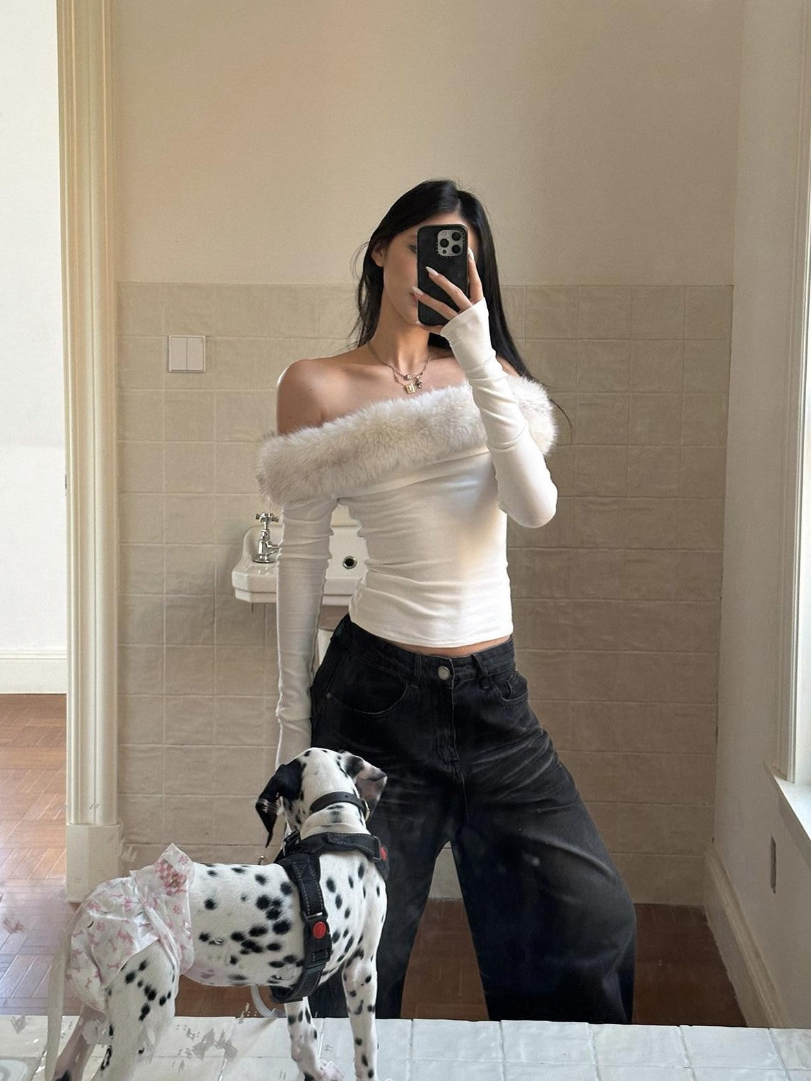 rovente Fur Trim One Shoulder Long Sleeve Knit White Women's Off-shoulder Sweaters
