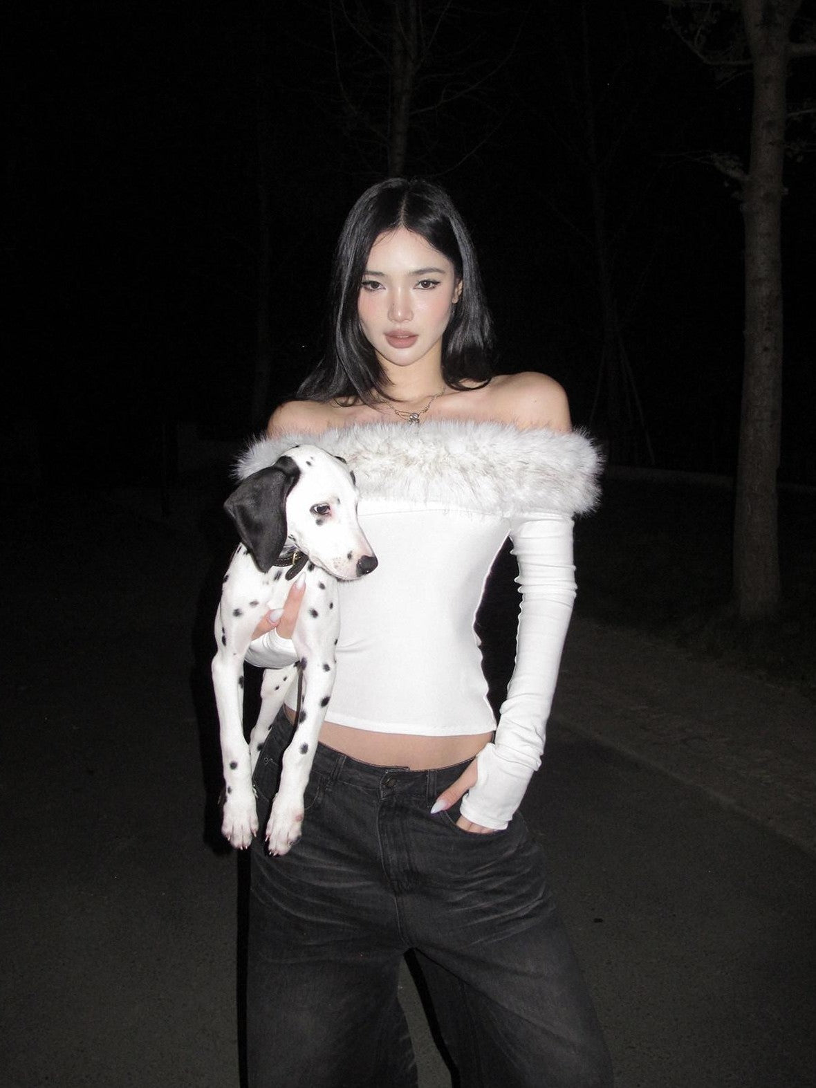 rovente Fur Trim One Shoulder Long Sleeve Knit White Women's Off-shoulder Sweaters