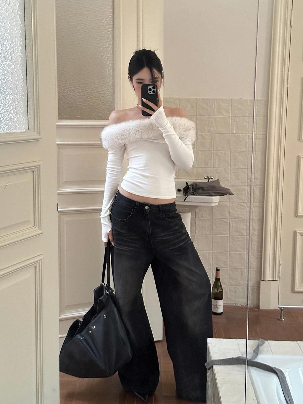 rovente Fur Trim One Shoulder Long Sleeve Knit White Women's Off-shoulder Sweaters