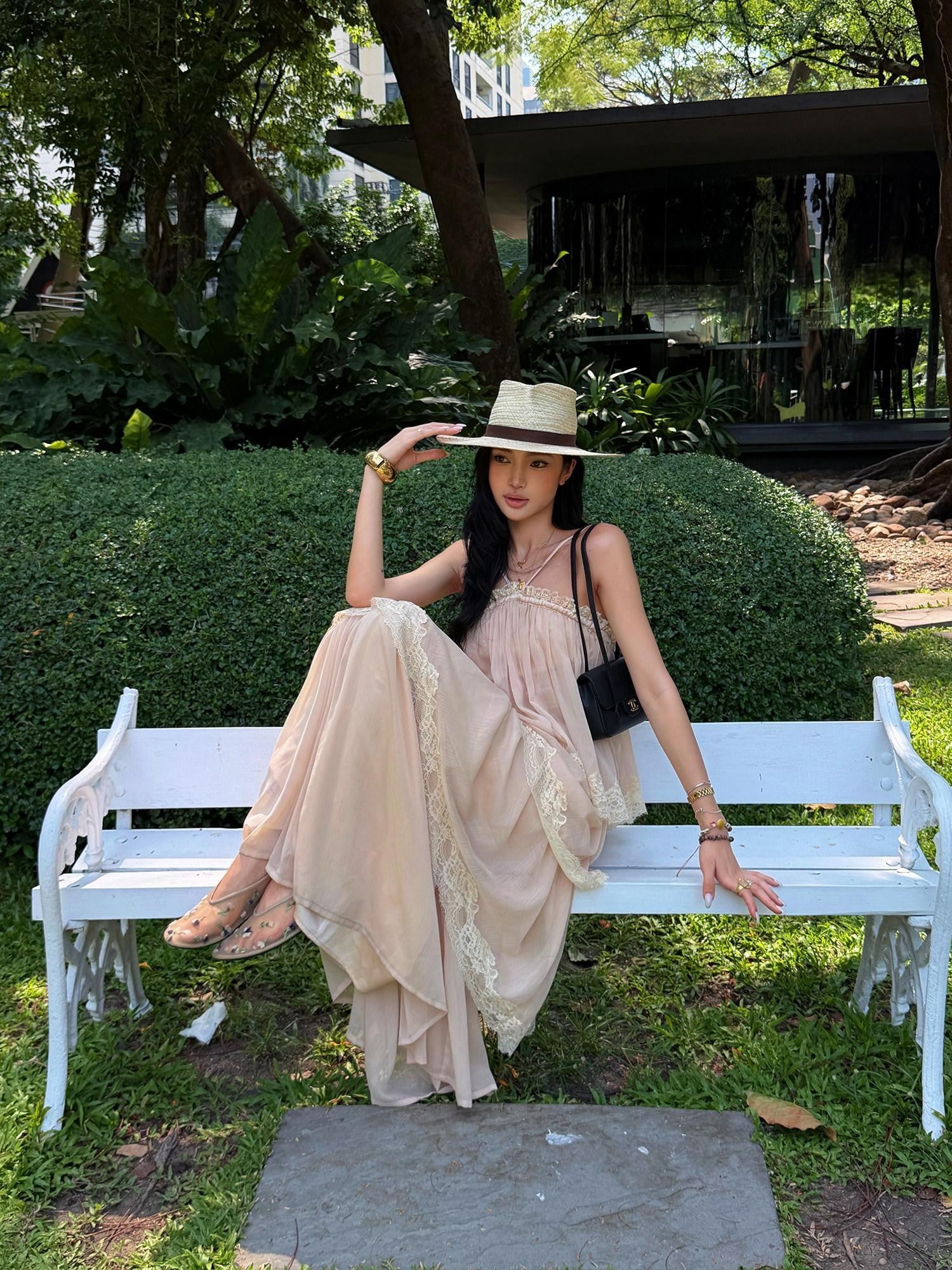 rovente Garden Waltz Pink Apricot Halter Neck Tiered Ruffle Women's Slip Maxi Dresses