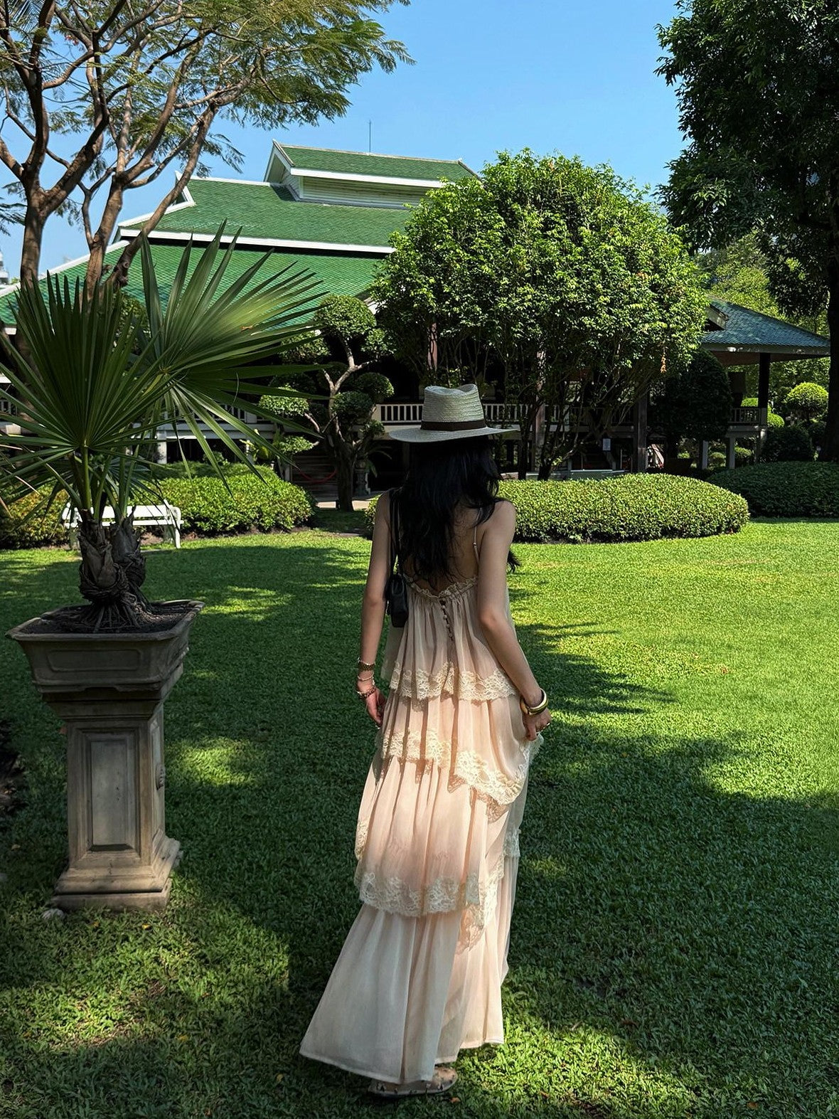 rovente Garden Waltz Pink Apricot Halter Neck Tiered Ruffle Women's Slip Maxi Dresses