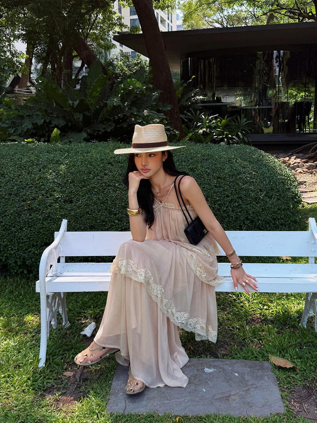 rovente Garden Waltz Pink Apricot Halter Neck Tiered Ruffle Women's Slip Maxi Dresses