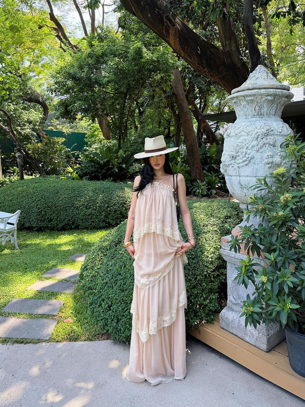 rovente Garden Waltz Pink Apricot Halter Neck Tiered Ruffle Women's Slip Maxi Dresses