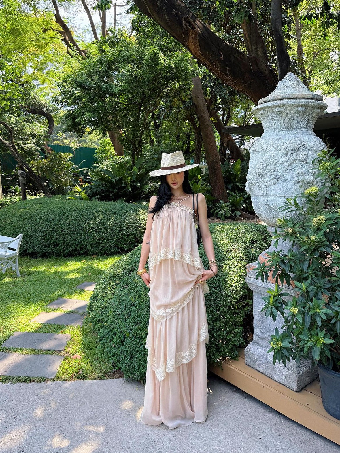 rovente Garden Waltz Pink Apricot Halter Neck Tiered Ruffle Women's Slip Maxi Dresses