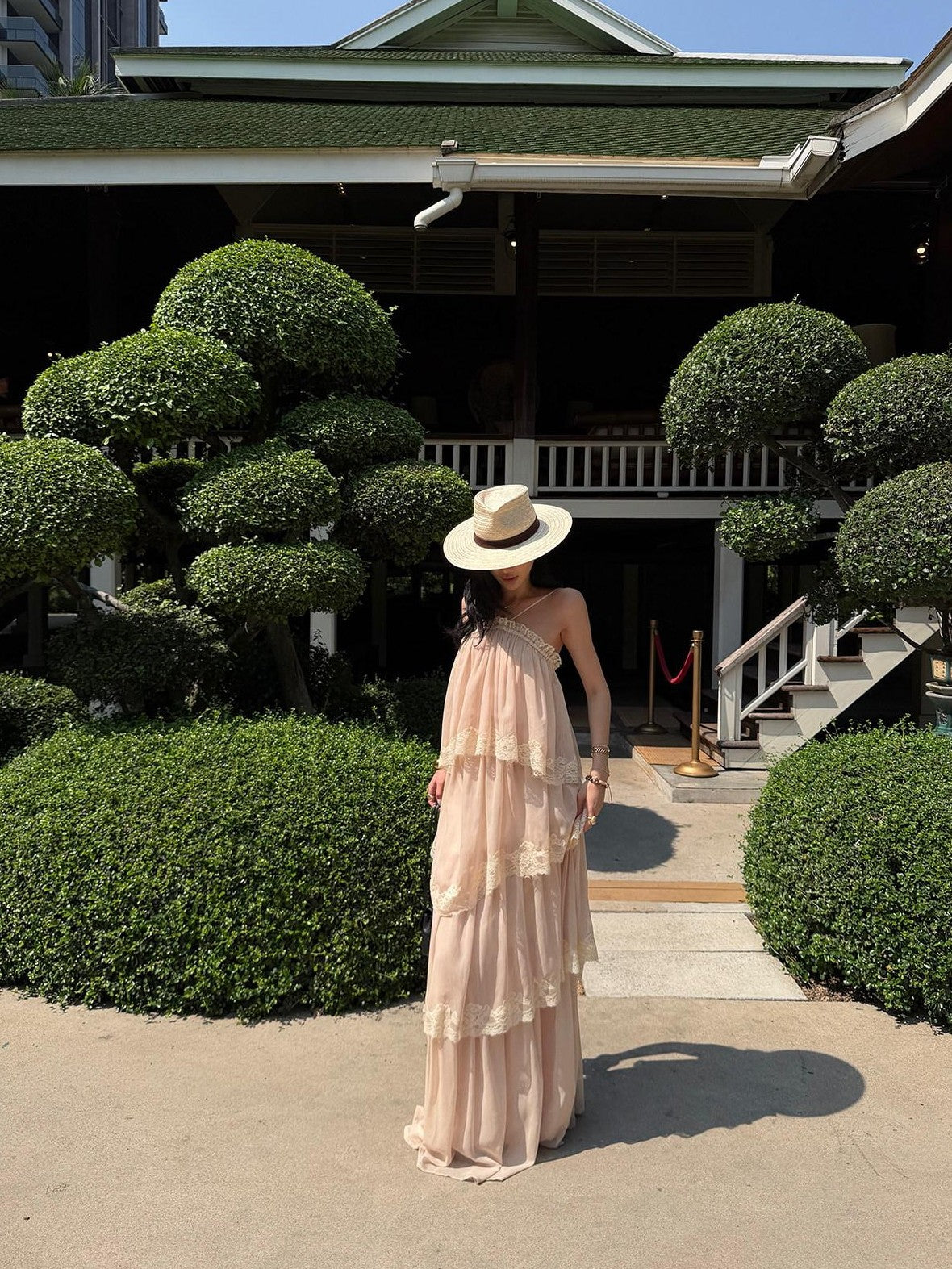 rovente Garden Waltz Pink Apricot Halter Neck Tiered Ruffle Women's Slip Maxi Dresses