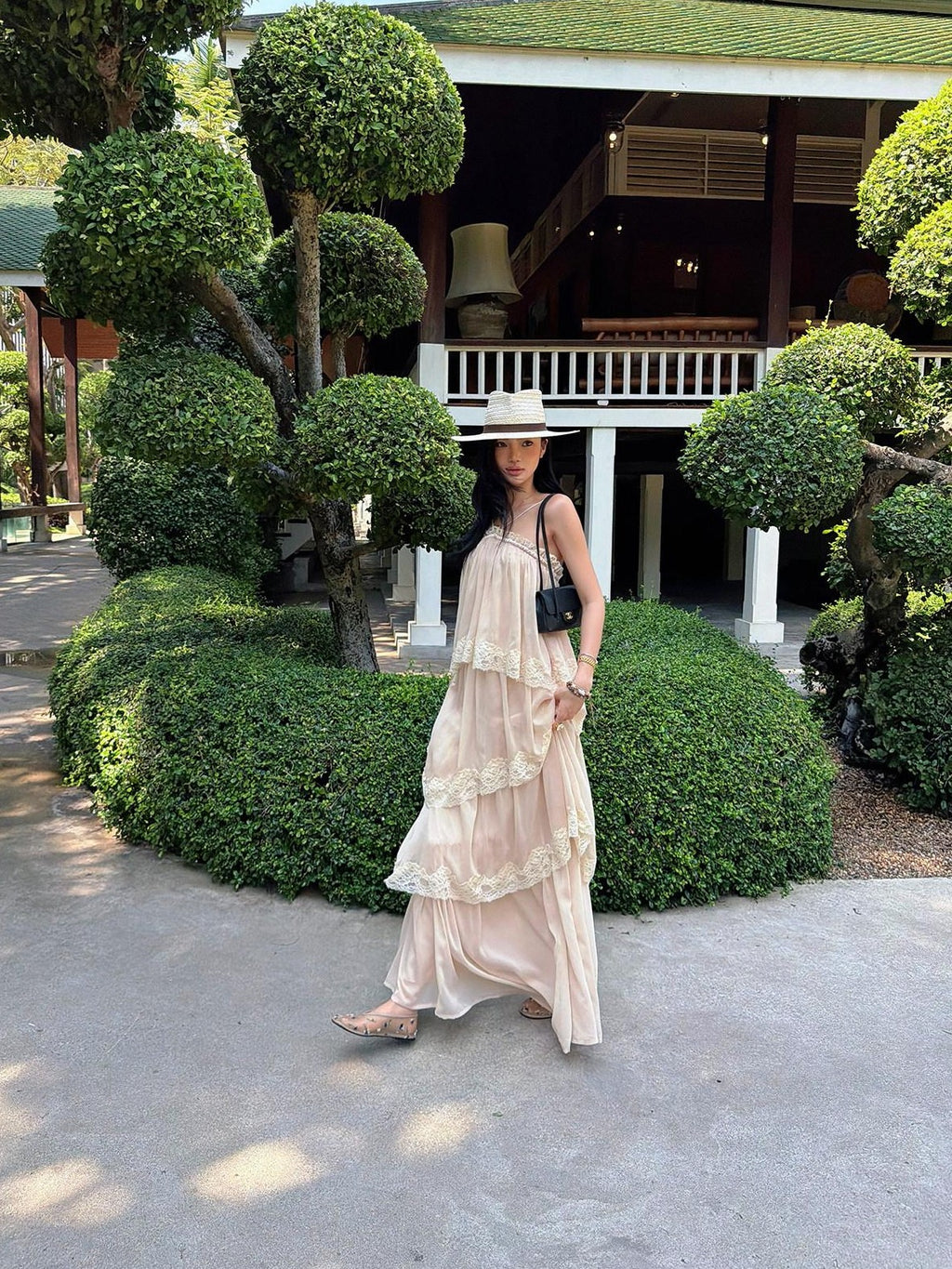 rovente Garden Waltz Pink Apricot Halter Neck Tiered Ruffle Women's Slip Maxi Dresses