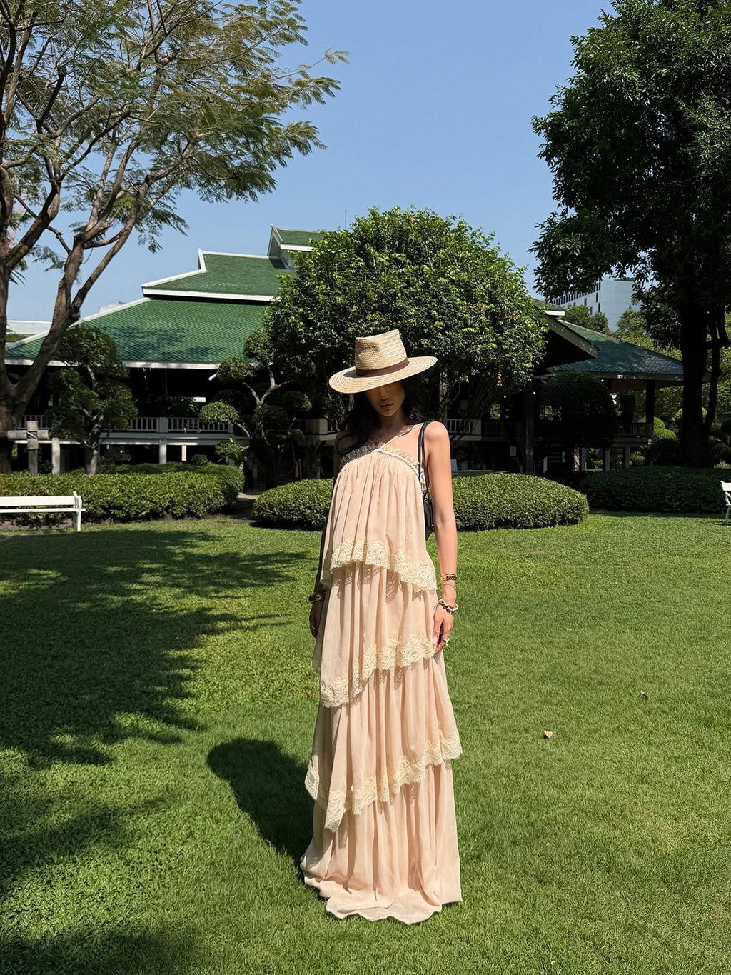 rovente Garden Waltz Pink Apricot Halter Neck Tiered Ruffle Women's Slip Maxi Dresses