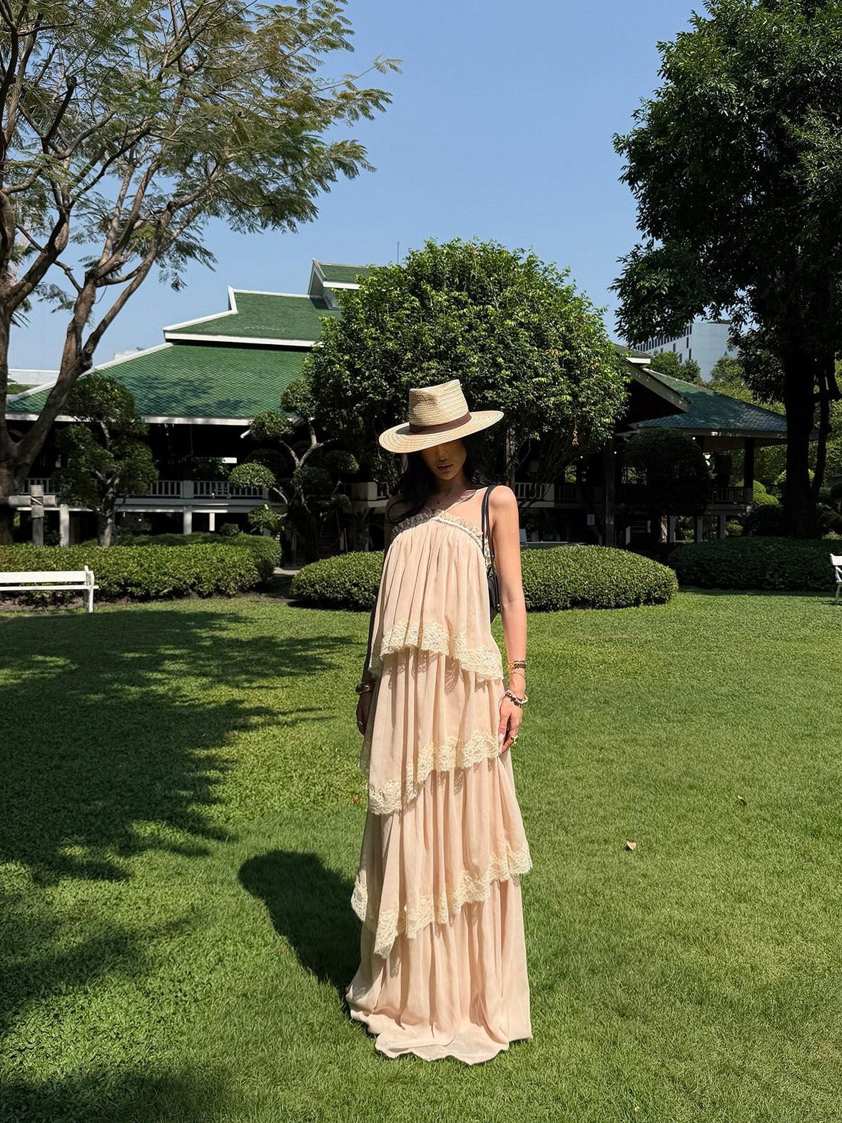 rovente Garden Waltz Pink Apricot Halter Neck Tiered Ruffle Women's Slip Maxi Dresses