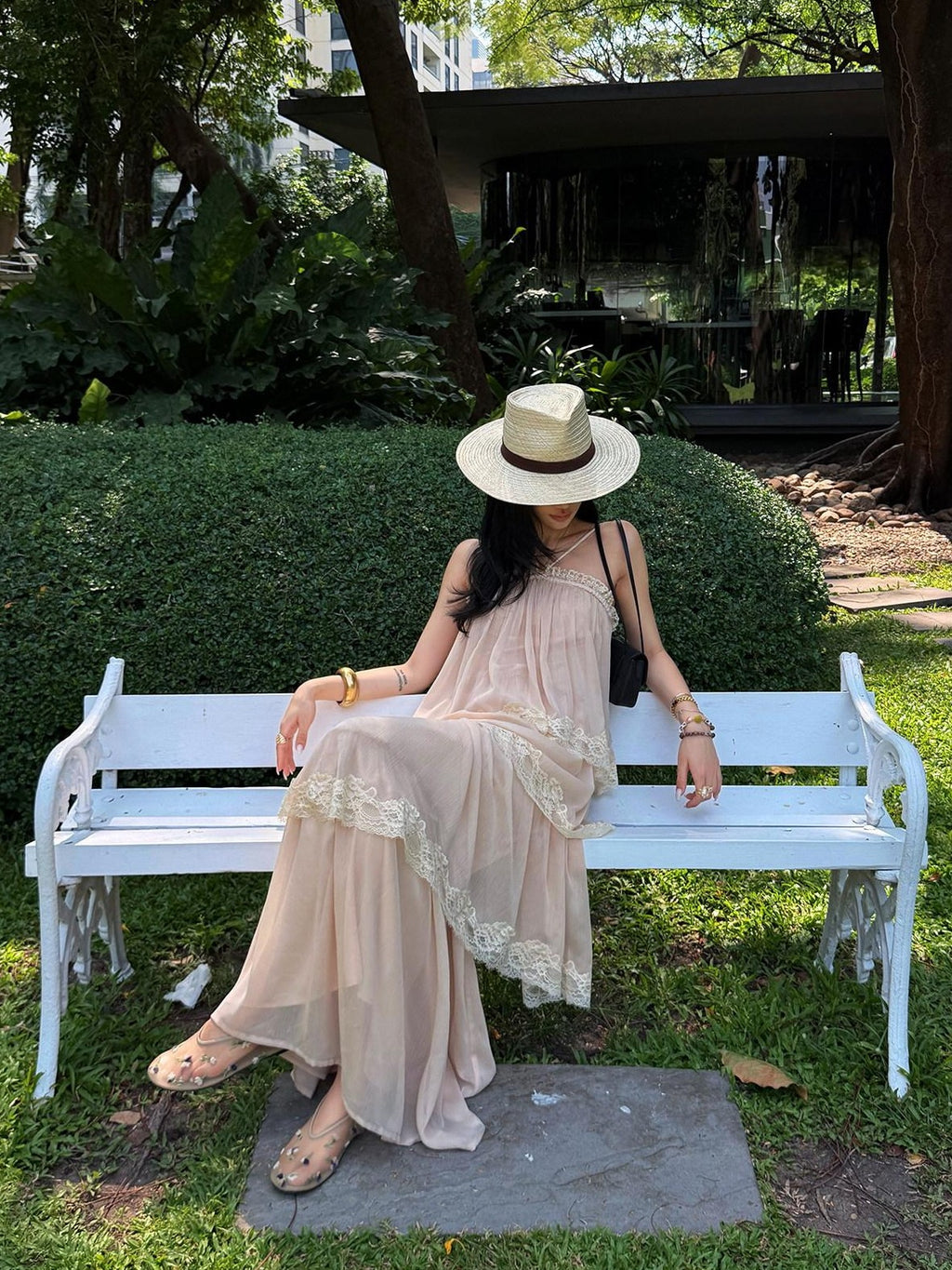 rovente Garden Waltz Pink Apricot Halter Neck Tiered Ruffle Women's Slip Maxi Dresses