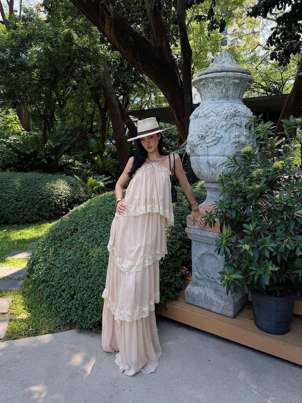 rovente Garden Waltz Pink Apricot Halter Neck Tiered Ruffle Women's Slip Maxi Dresses