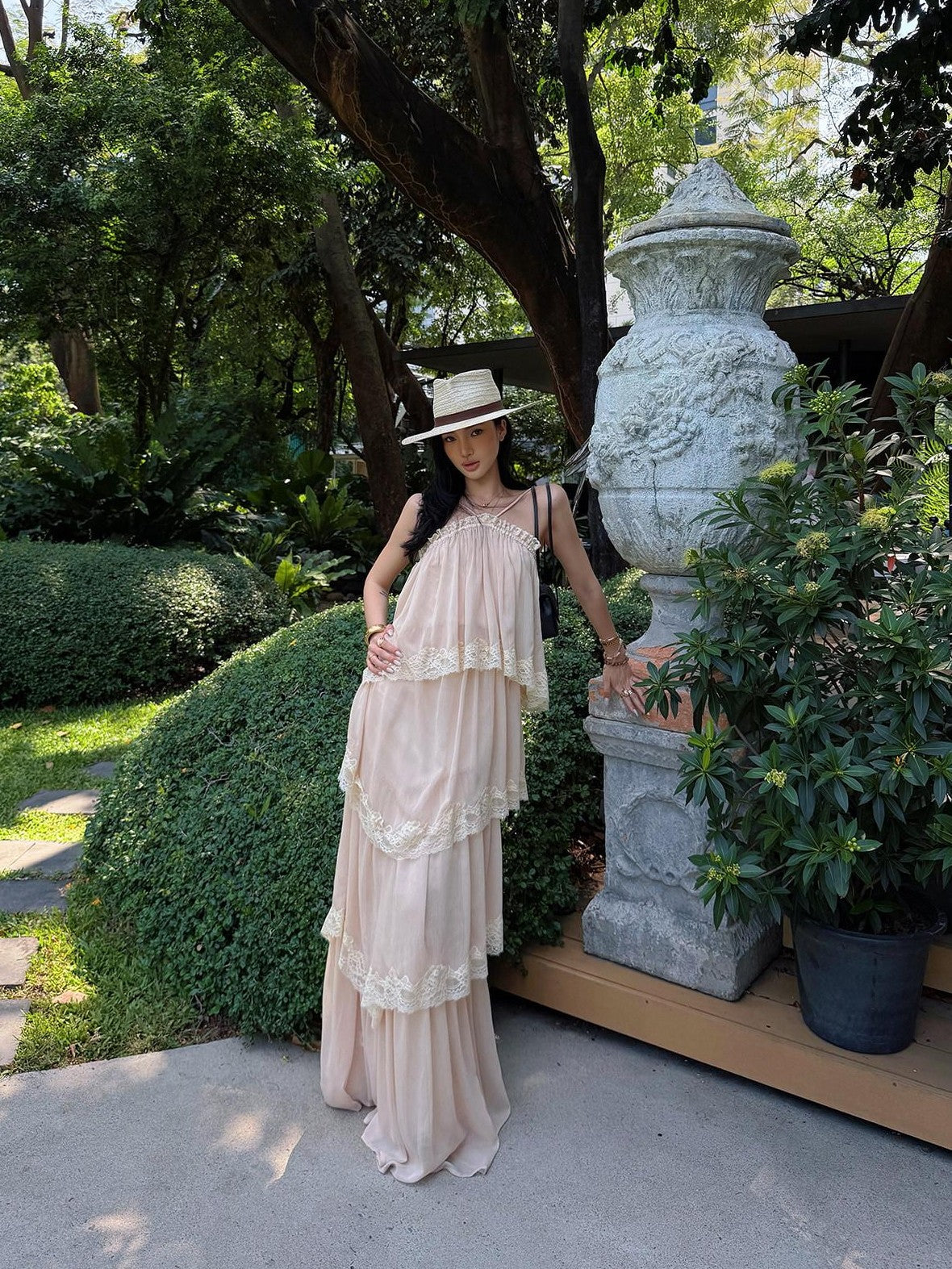 rovente Garden Waltz Pink Apricot Halter Neck Tiered Ruffle Women's Slip Maxi Dresses