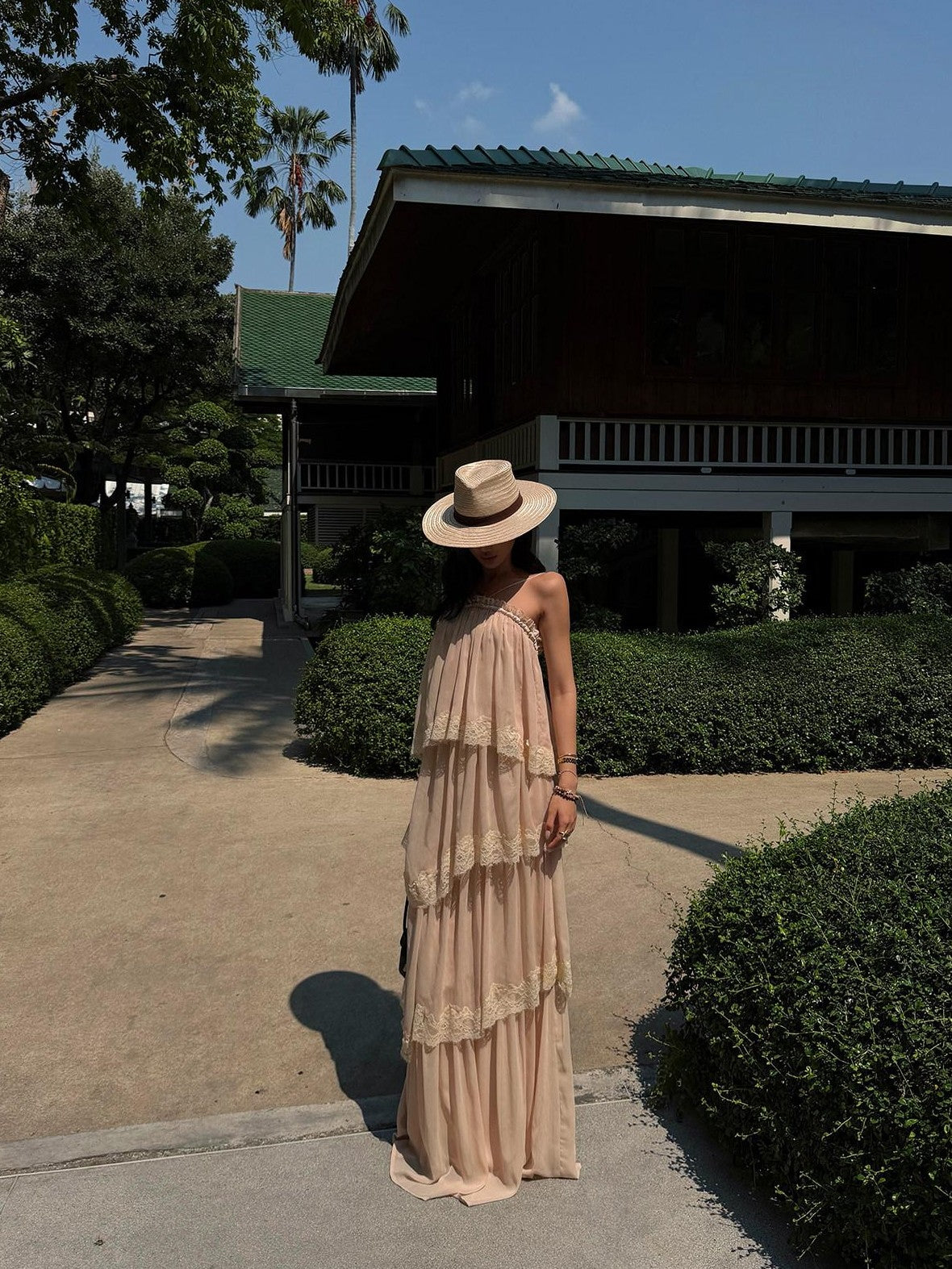rovente Garden Waltz Pink Apricot Halter Neck Tiered Ruffle Women's Slip Maxi Dresses