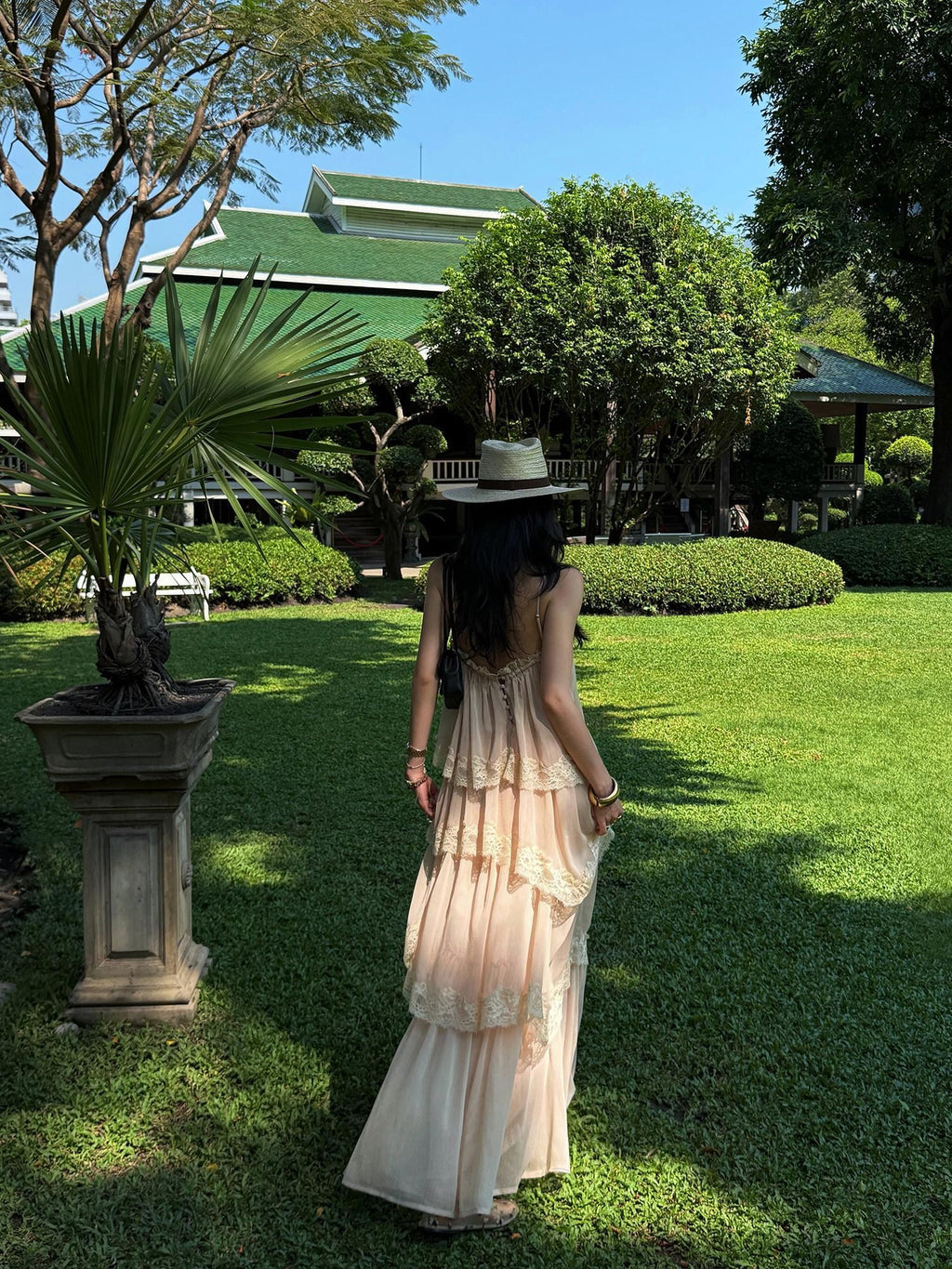 rovente Garden Waltz Pink Apricot Halter Neck Tiered Ruffle Women's Slip Maxi Dresses