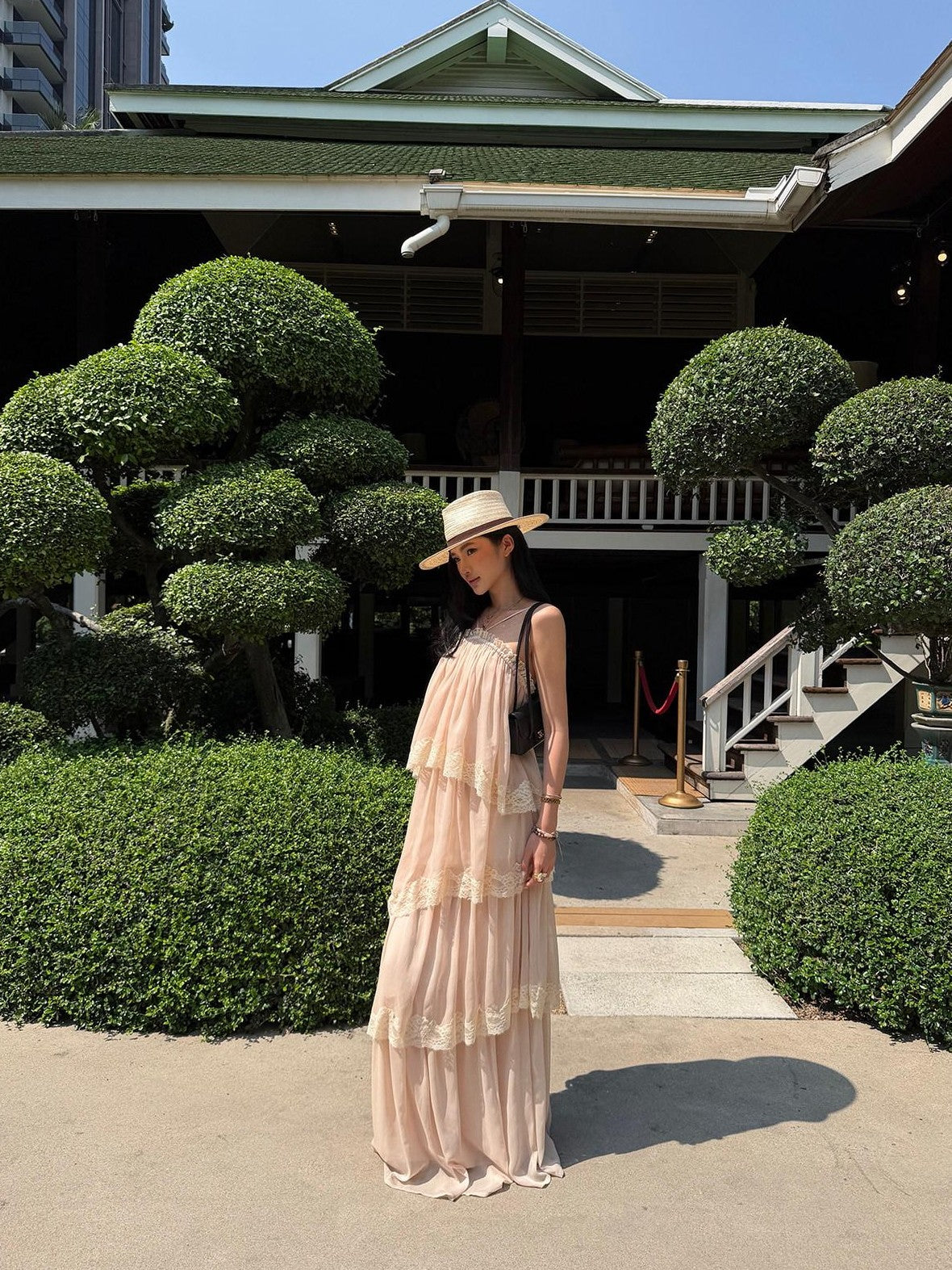 rovente Garden Waltz Pink Apricot Halter Neck Tiered Ruffle Women's Slip Maxi Dresses