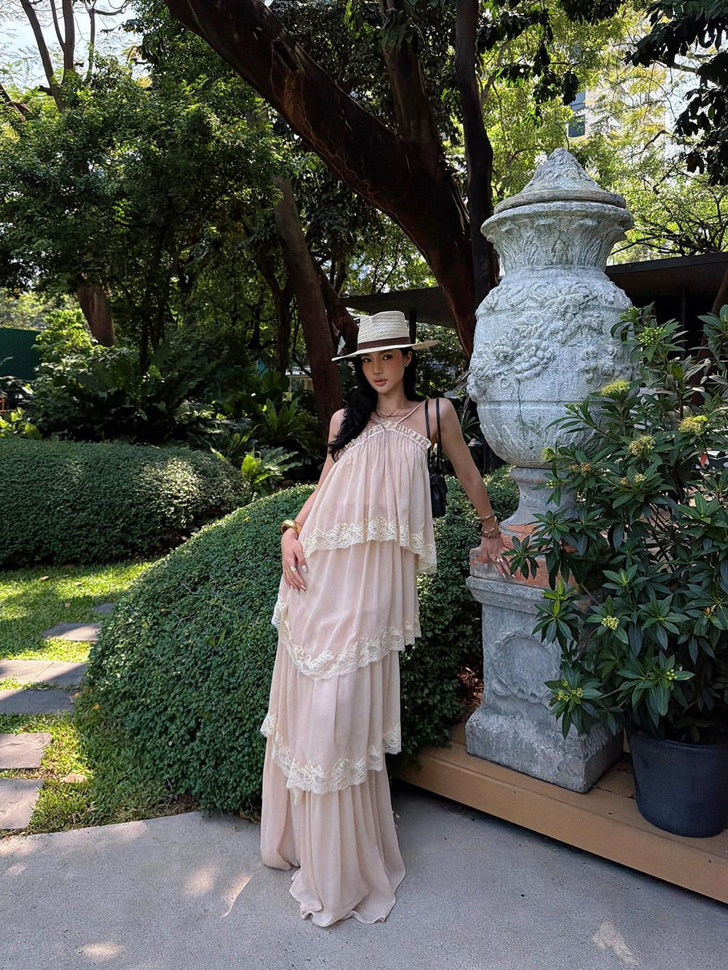 rovente Garden Waltz Pink Apricot Halter Neck Tiered Ruffle Women's Slip Maxi Dresses