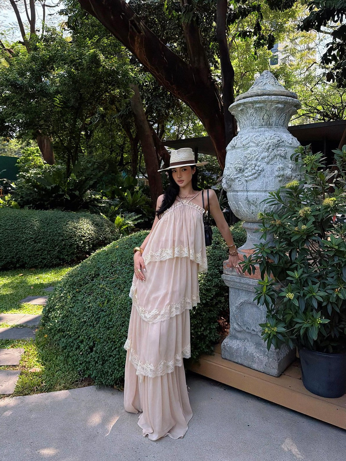 rovente Garden Waltz Pink Apricot Halter Neck Tiered Ruffle Women's Slip Maxi Dresses