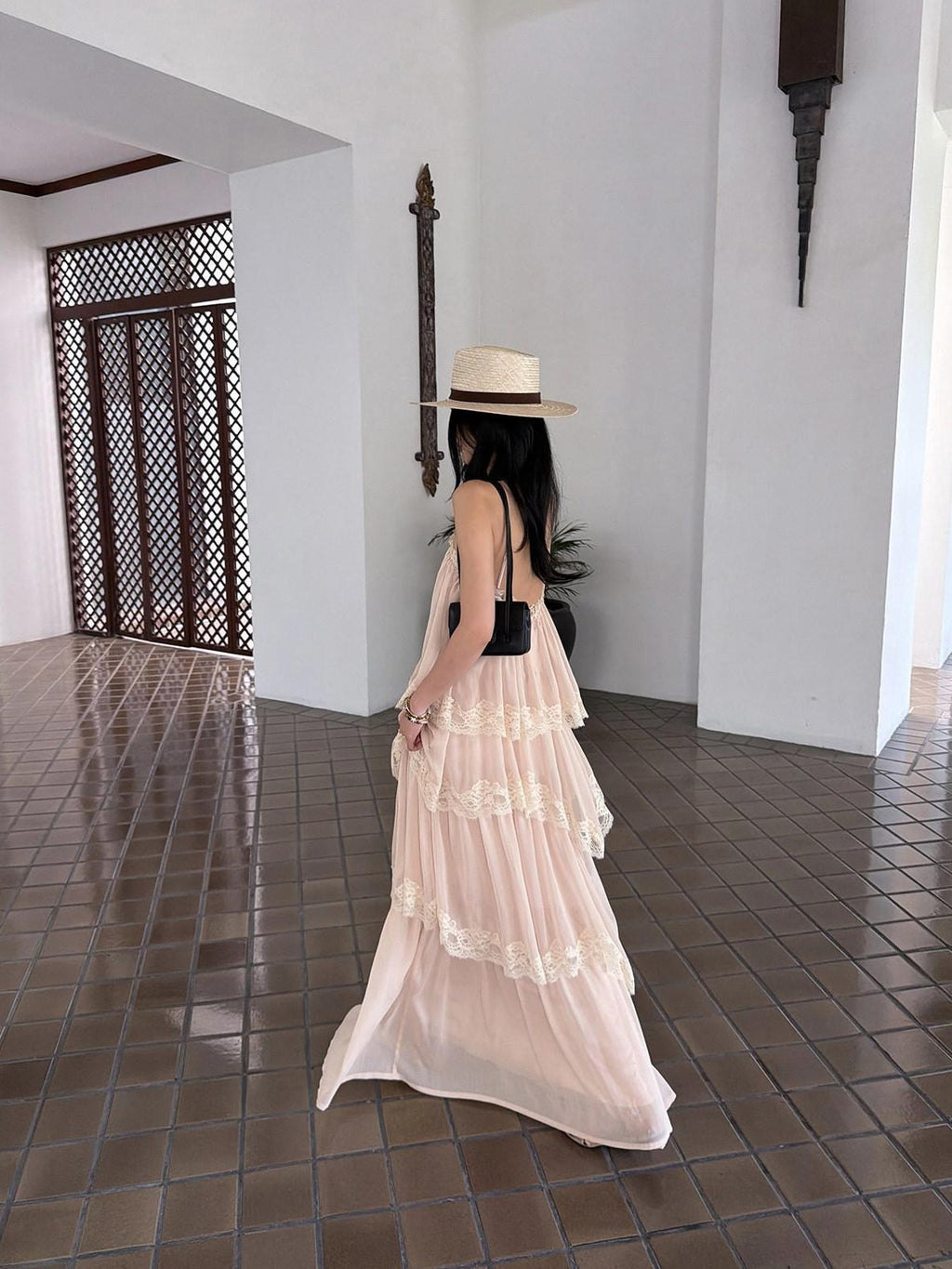 rovente Garden Waltz Pink Apricot Halter Neck Tiered Ruffle Women's Slip Maxi Dresses