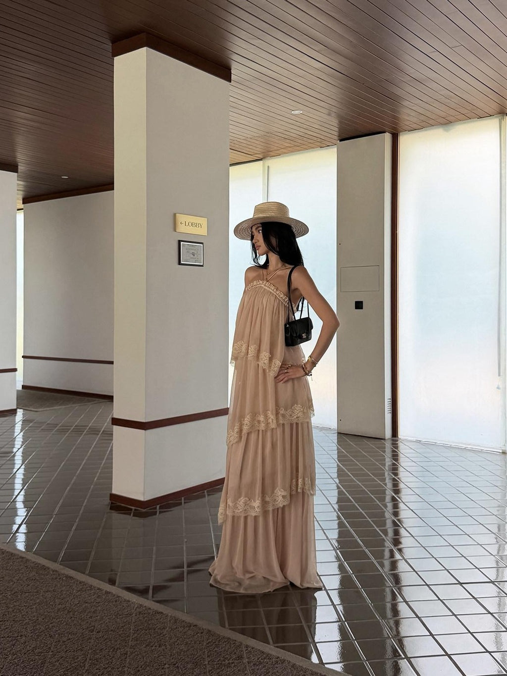 rovente Garden Waltz Pink Apricot Halter Neck Tiered Ruffle Women's Slip Maxi Dresses