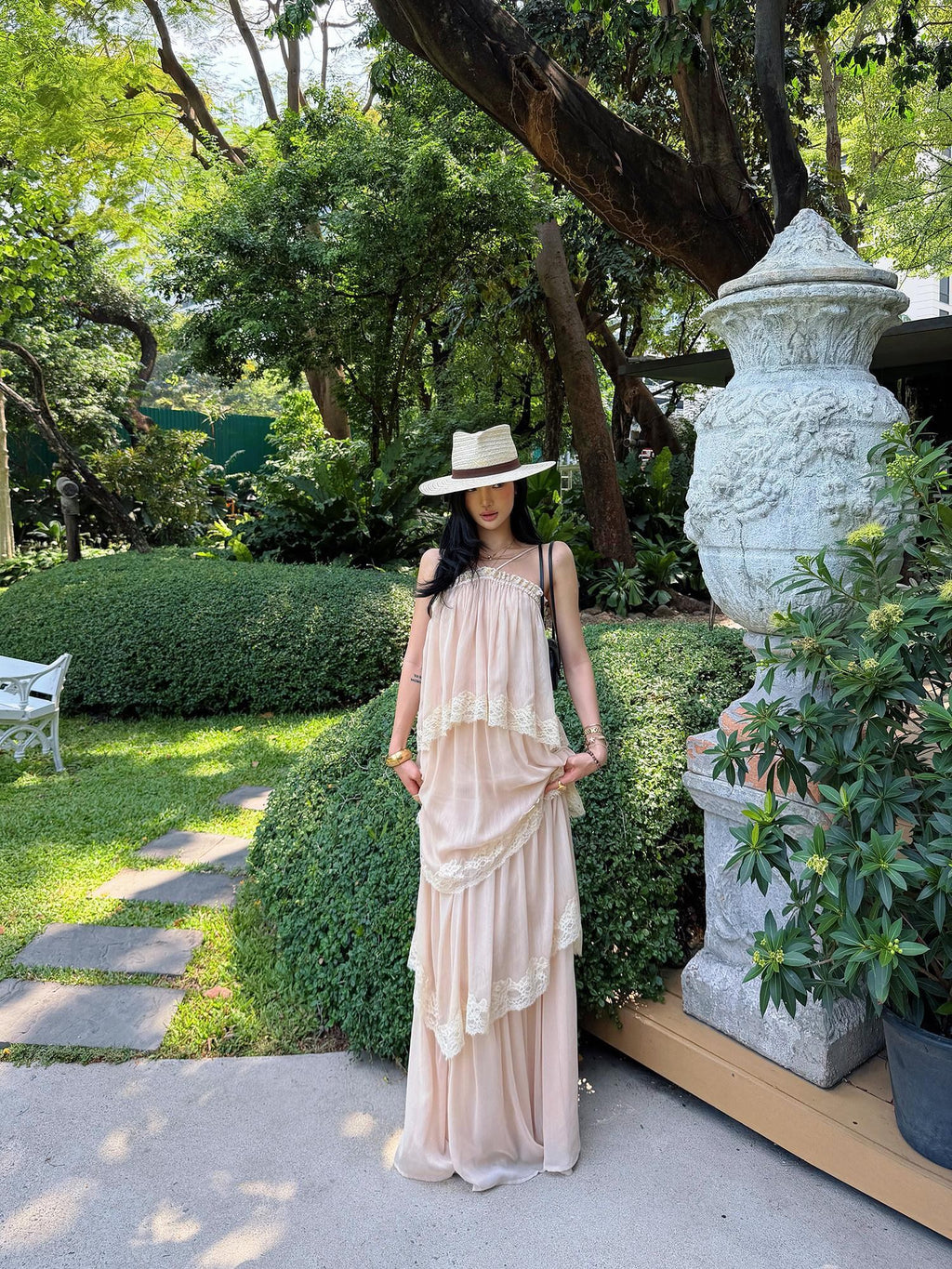 rovente Garden Waltz Pink Apricot Halter Neck Tiered Ruffle Women's Slip Maxi Dresses