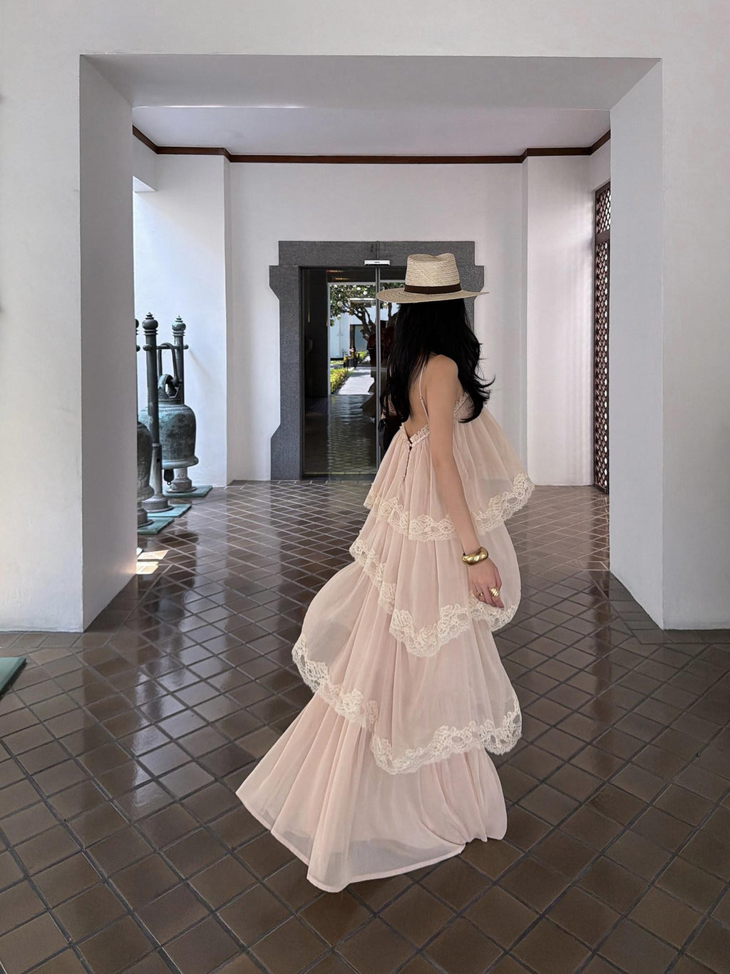 rovente Garden Waltz Pink Apricot Halter Neck Tiered Ruffle Women's Slip Maxi Dresses