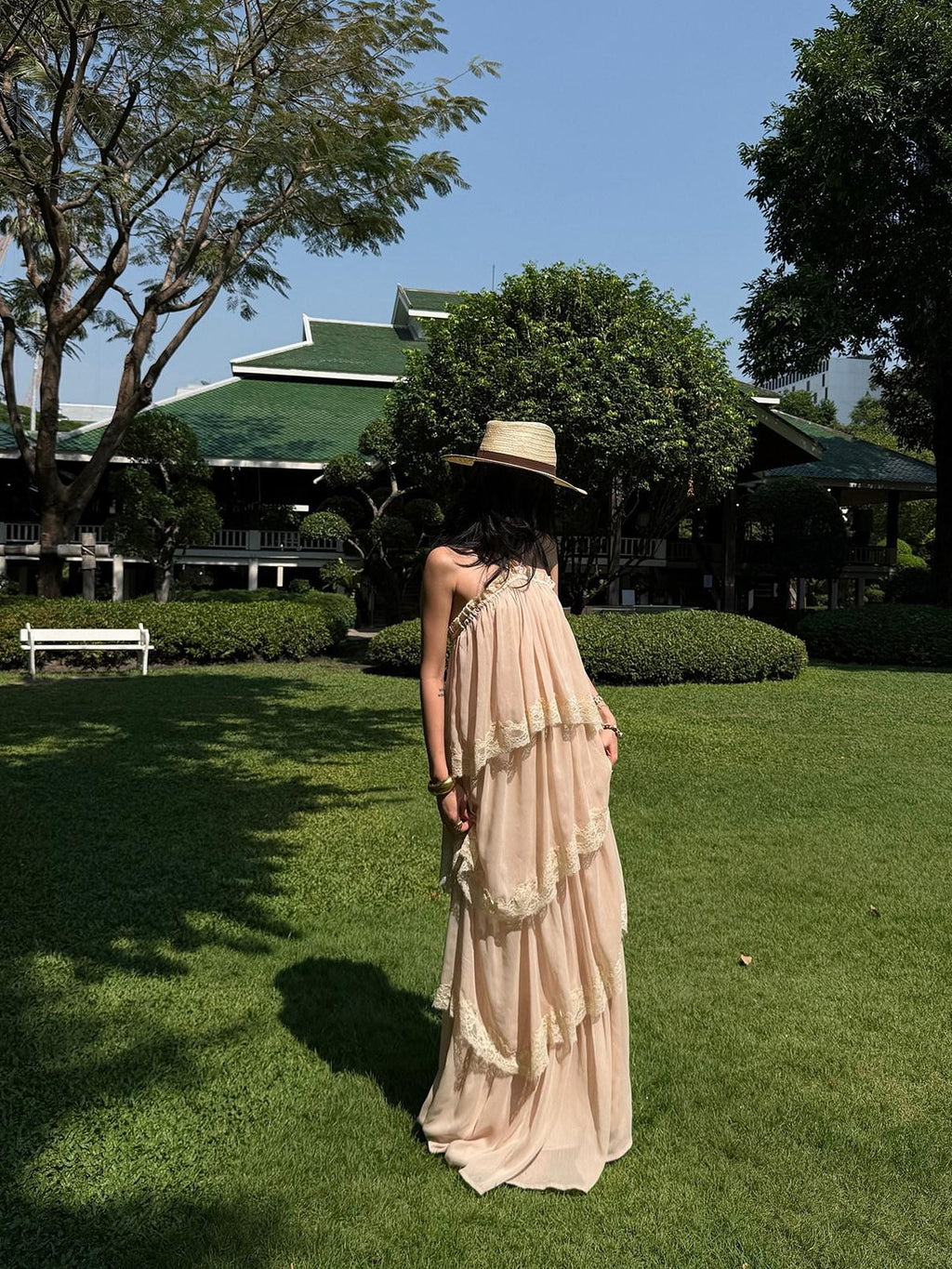 rovente Garden Waltz Pink Apricot Halter Neck Tiered Ruffle Women's Slip Maxi Dresses