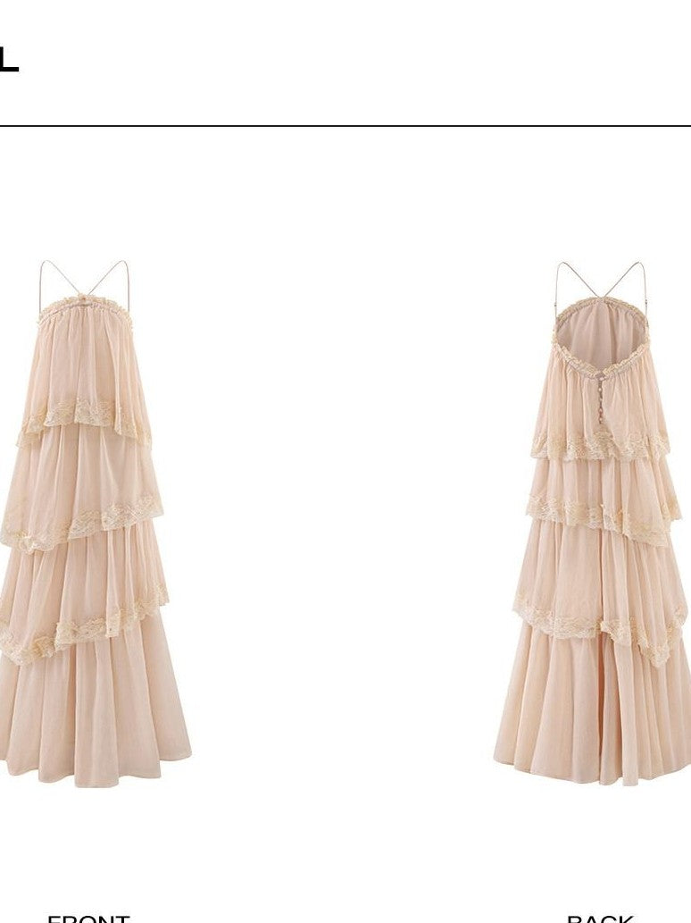 rovente Garden Waltz Pink Apricot Halter Neck Tiered Ruffle Women's Slip Maxi Dresses