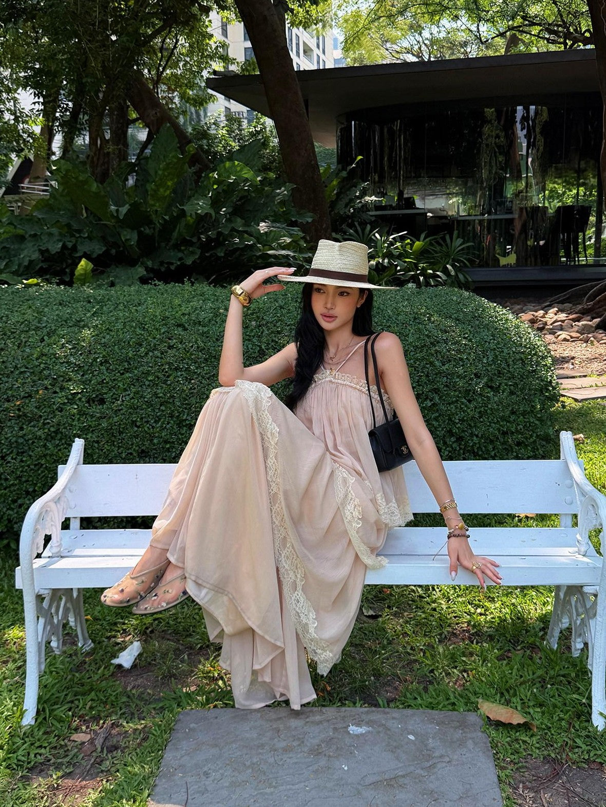 rovente Garden Waltz Pink Apricot Halter Neck Tiered Ruffle Women's Slip Maxi Dresses